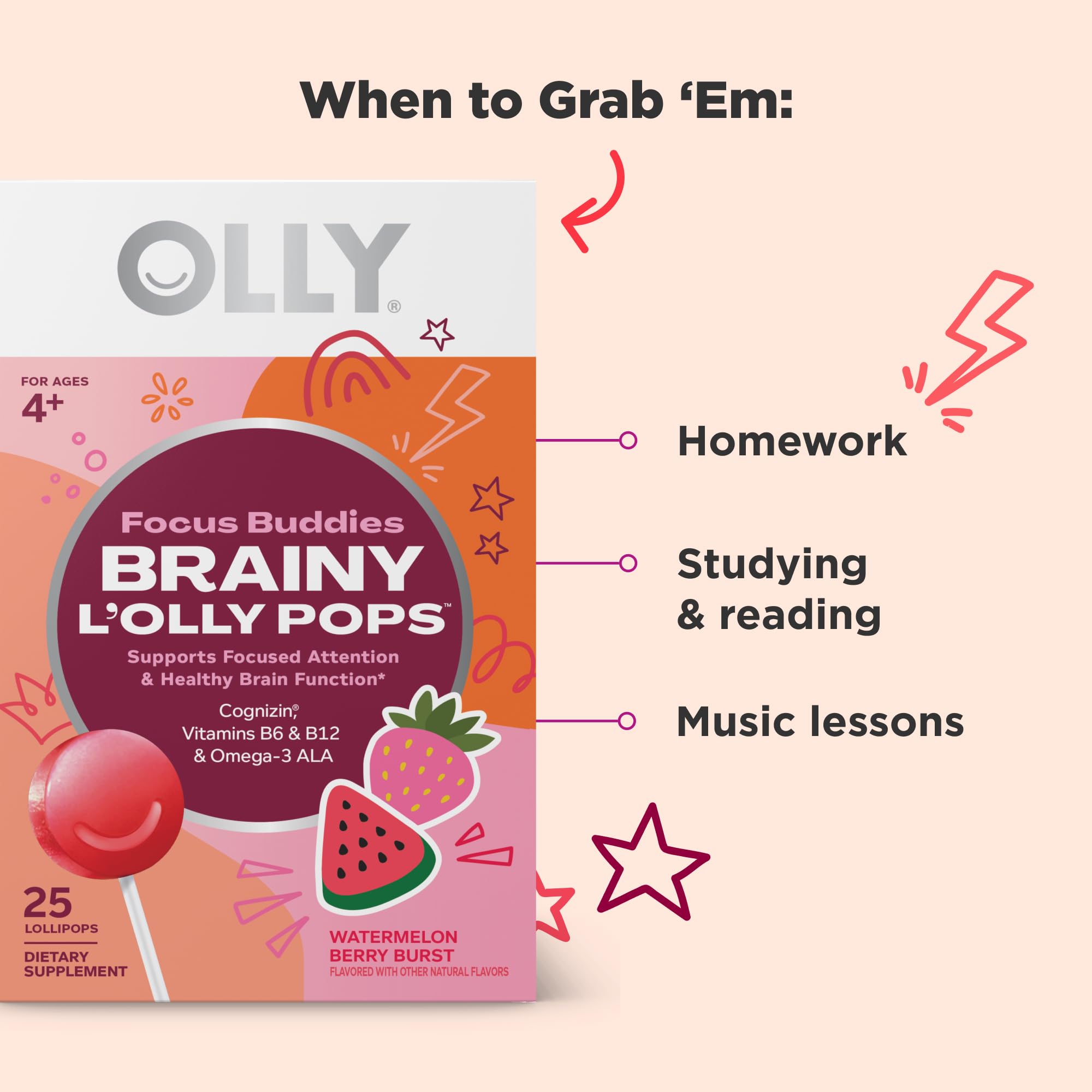 OLLy Focus Buddies L’OLLY Pops side view with nutritional information