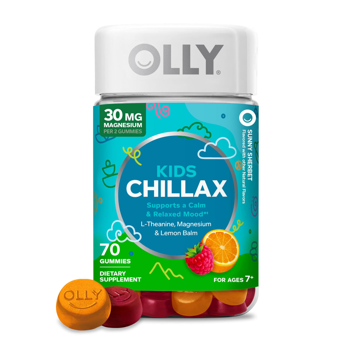 OLLY Kids Chillax Gummies bottle front view with Sunny Sherbet flavour