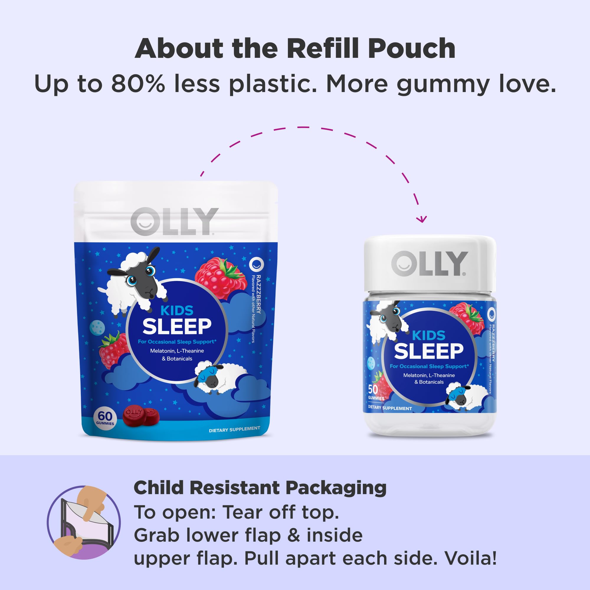 OLLY Kids Sleep Gummies with a gummy in hand