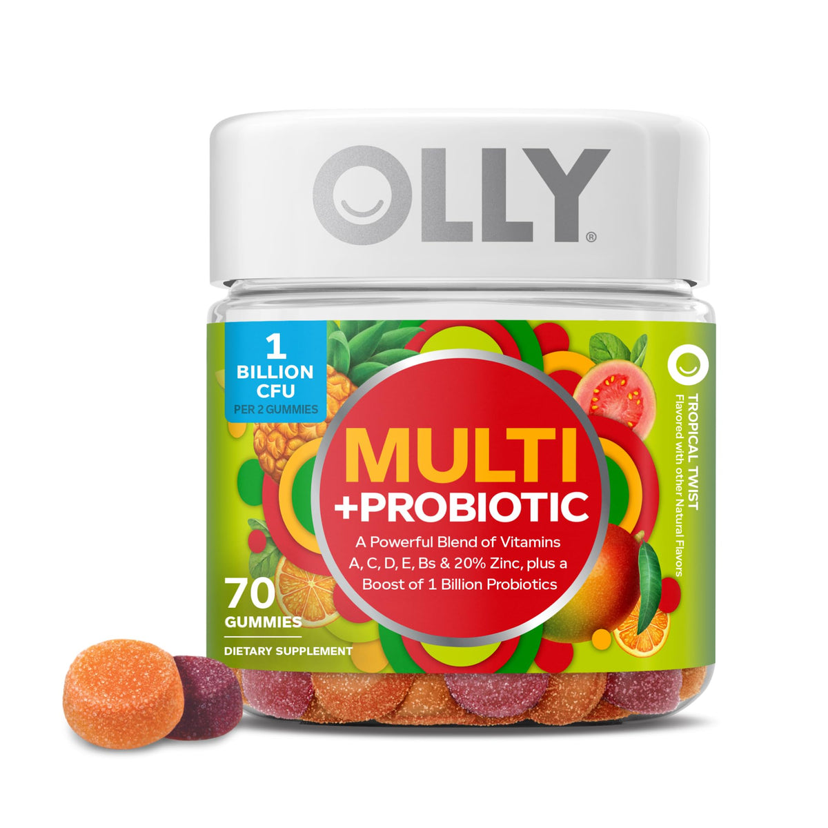 OLLY Multi + Probiotic Gummies bottle front view with Tropical Twist label