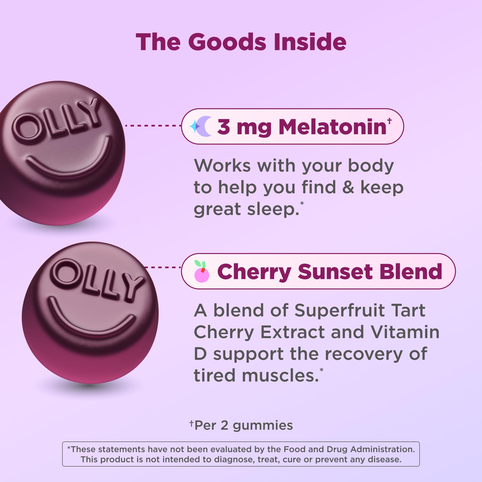 OLLY Muscle use Sleep Gummies bottle with Acai, Strawberry, Raspberry, and Pomegranate flavor