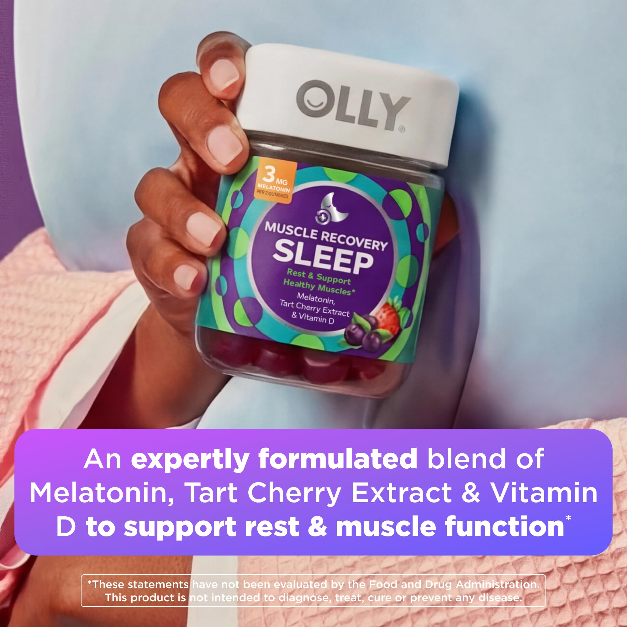 OLLY Muscle use Sleep Gummies on a wooden table