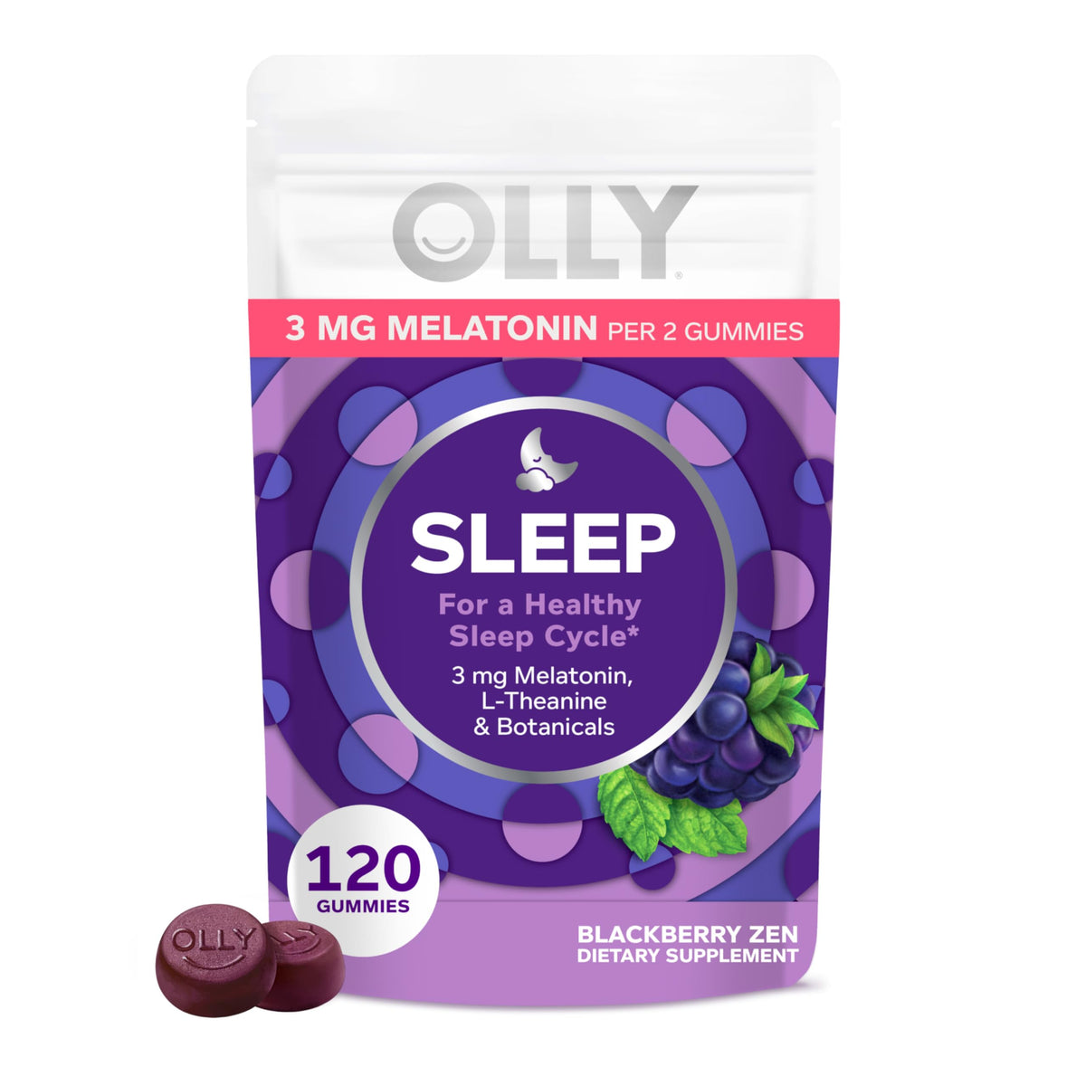 OLLY Sleep Gummies front view in child-resistant pouch