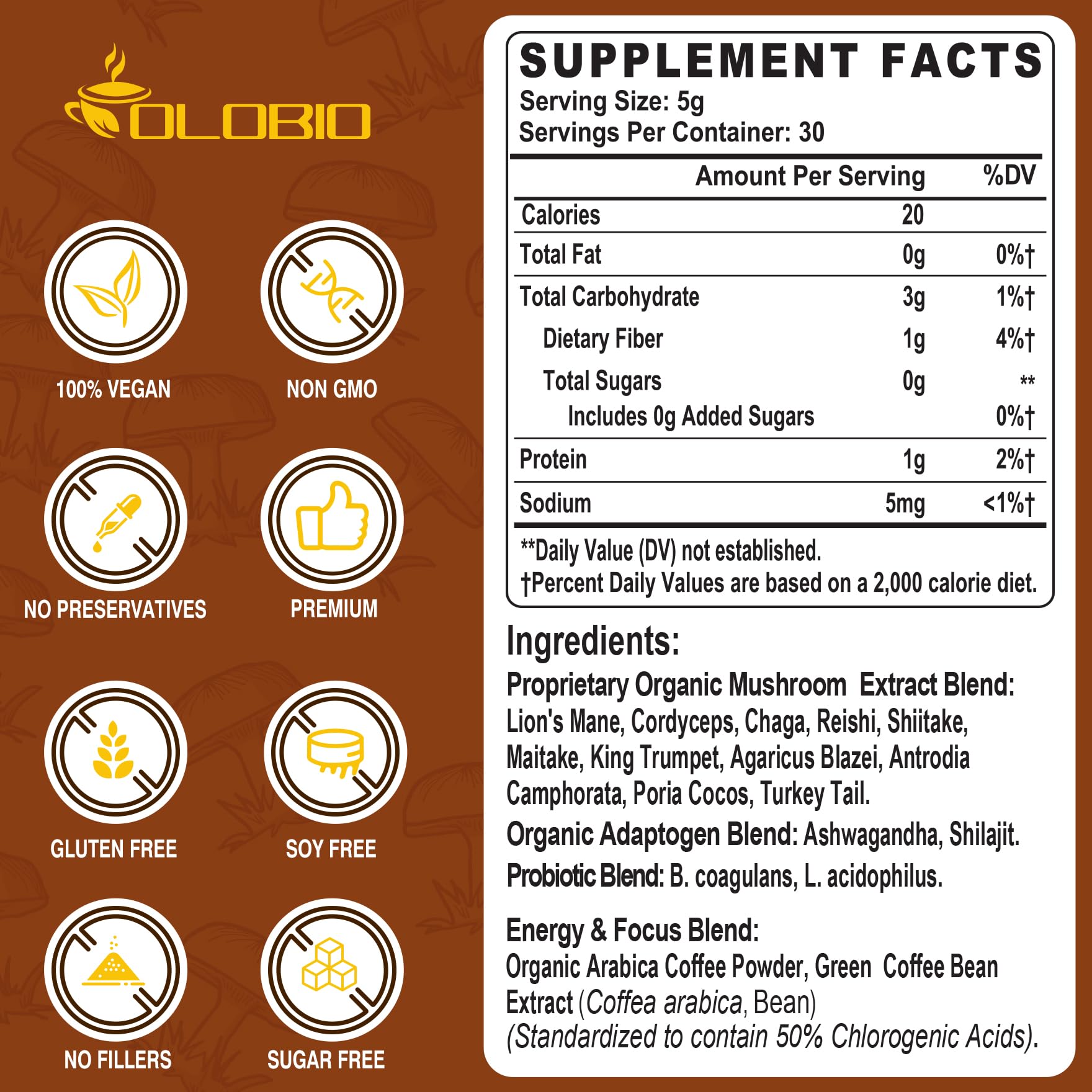OLOBIO 11 Mushroom Coffee Blend 150g powder in a cup