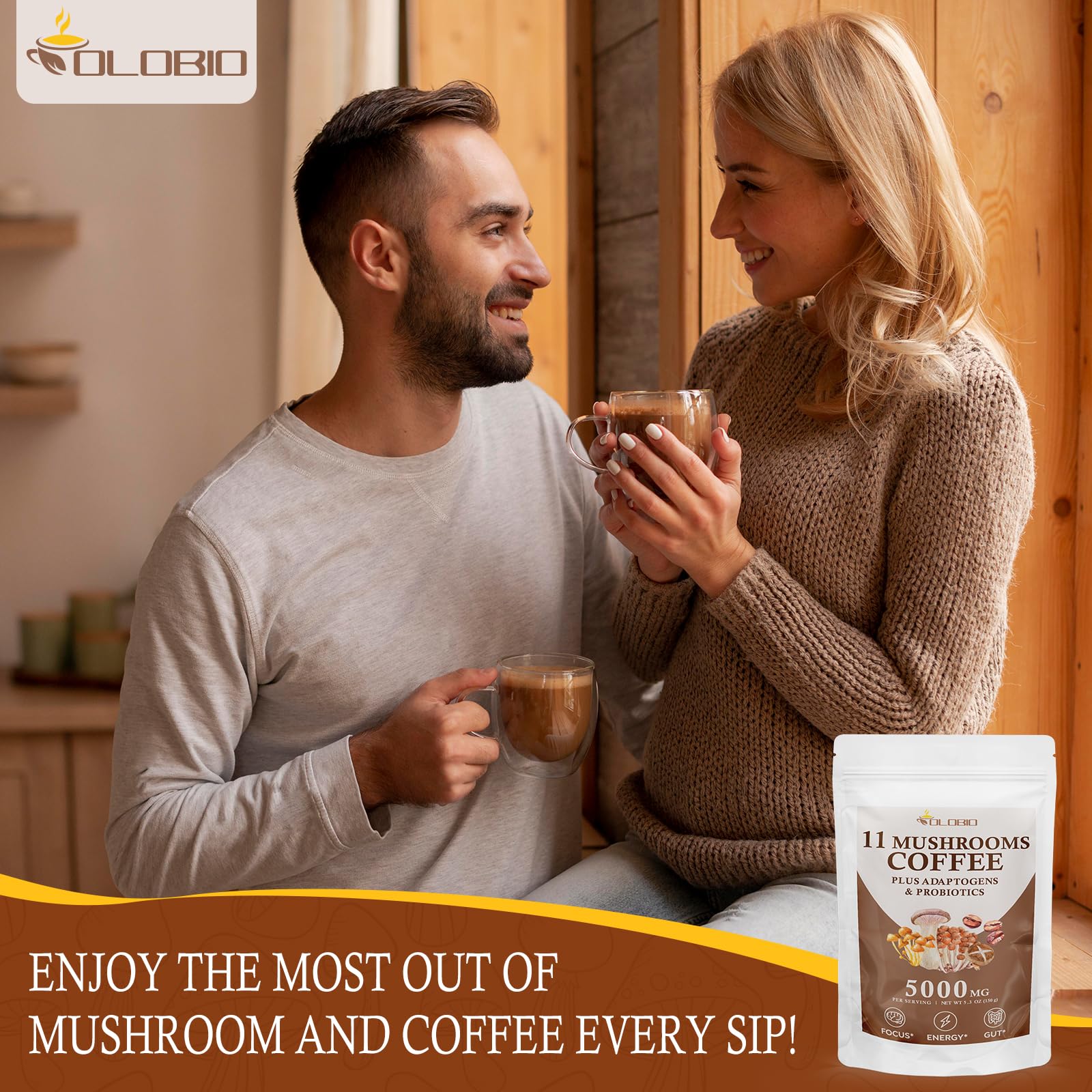 OLOBIO 11 Mushroom Coffee Blend served with milk