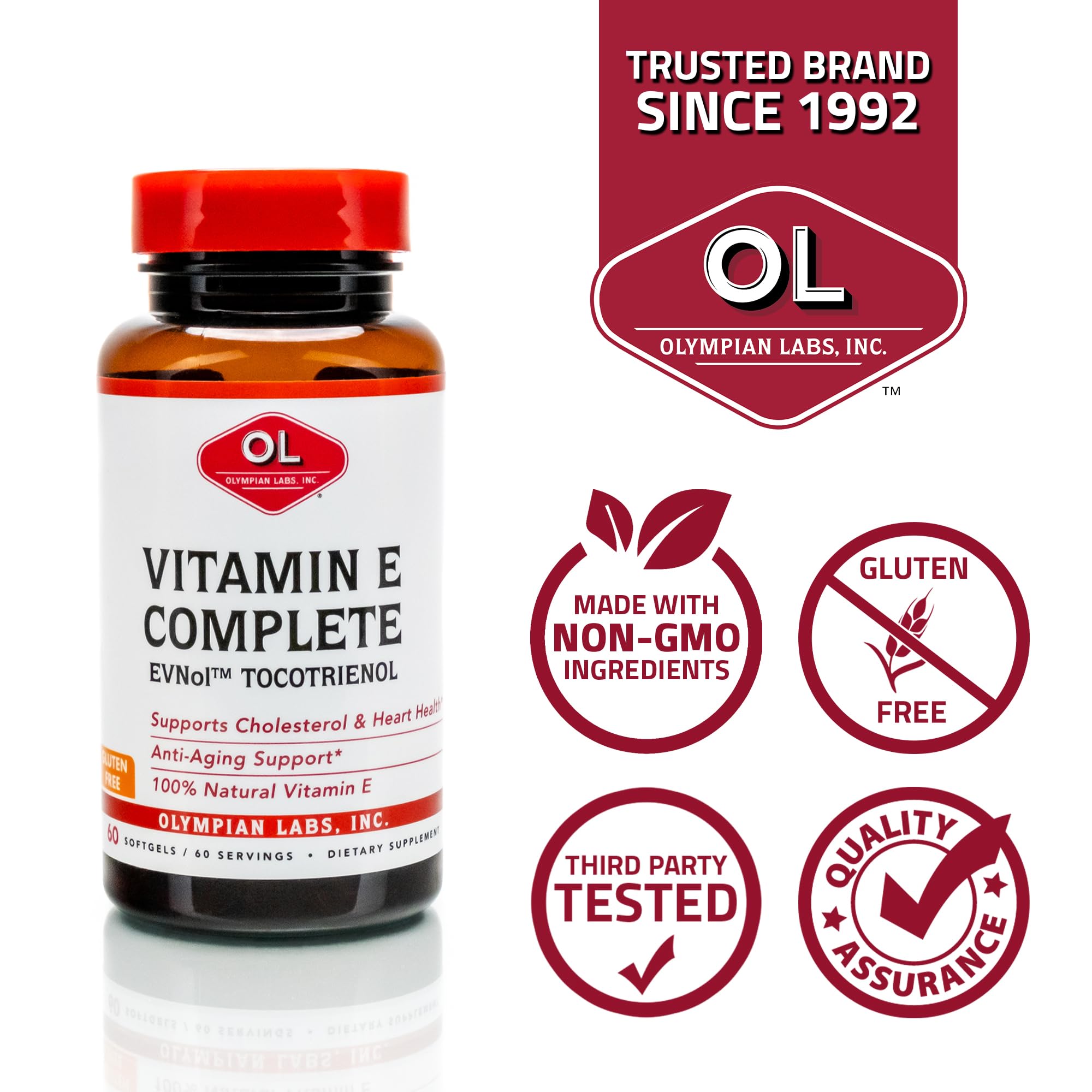 Olympian Labs Vitamin E softgels displayed on a table