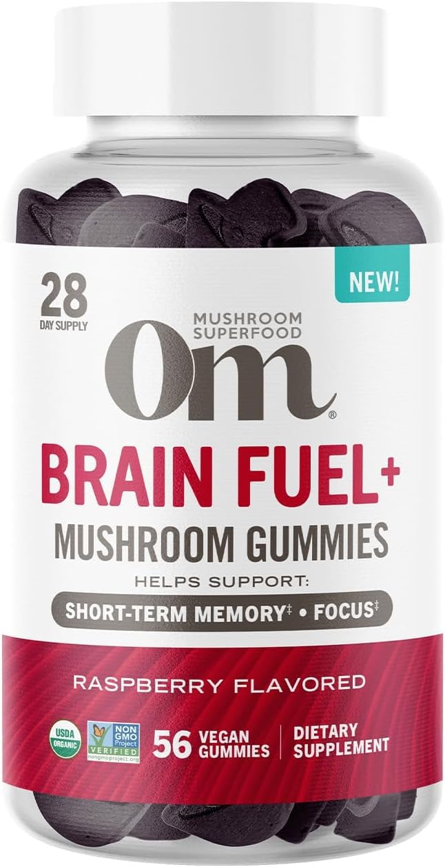 OM MUSHROOM SUPERFOOD Brain Fuel+ Gummies front view with raspberry flavour