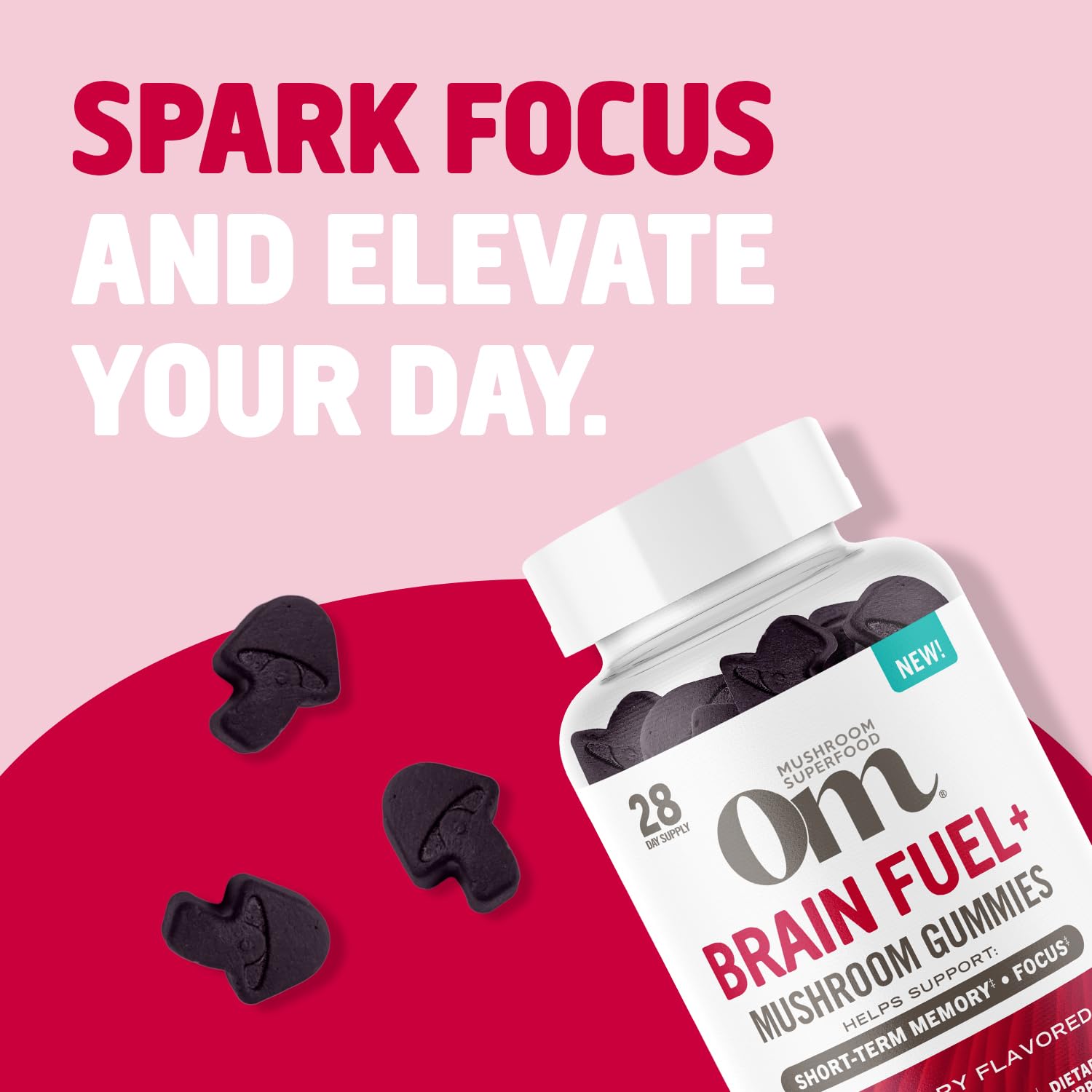 OM MUSHROOM SUPERFOOD Brain Fuel+ Gummies with a measuring spoon