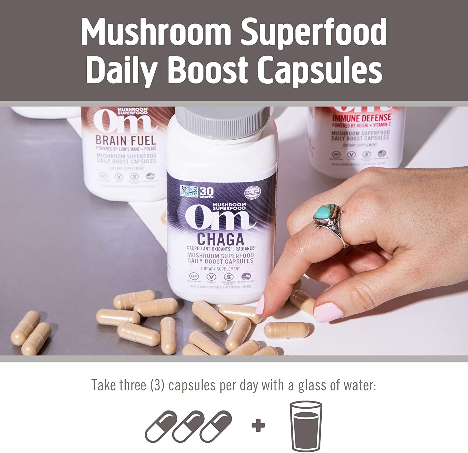 OM MUSHROOM SUPERFOOD Chaga Mushroom Capsules ingredients close-up