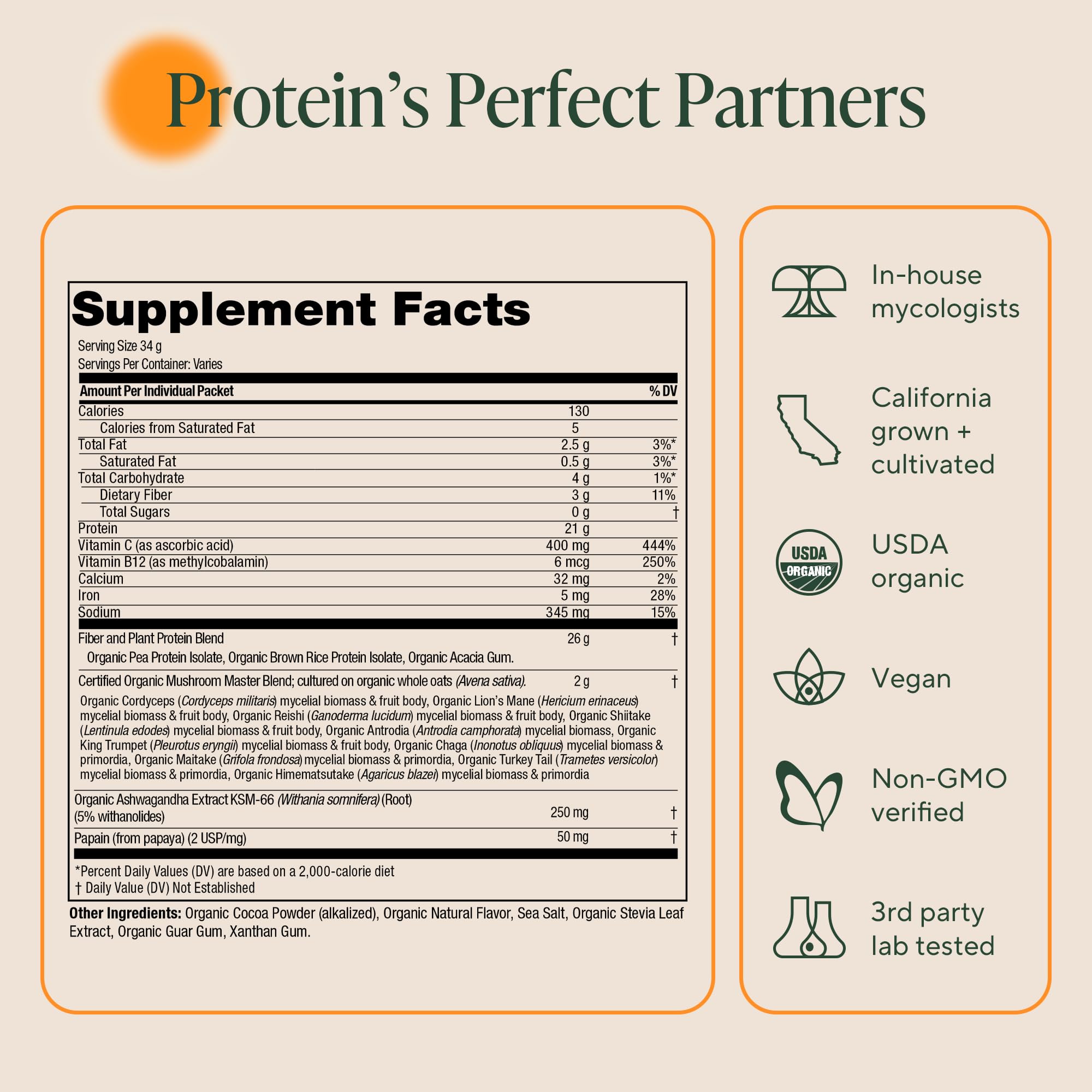 OM MUSHROOM SUPERFOOD Chocolate Protein 546g nutritional information