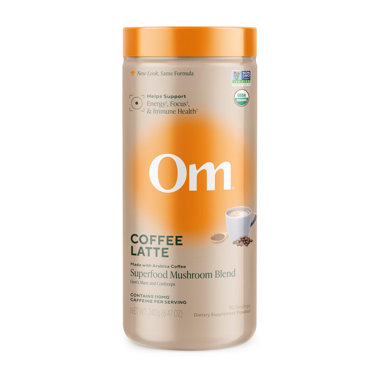 OM MUSHROOM SUPERFOOD Coffee Latte Blend canister front view