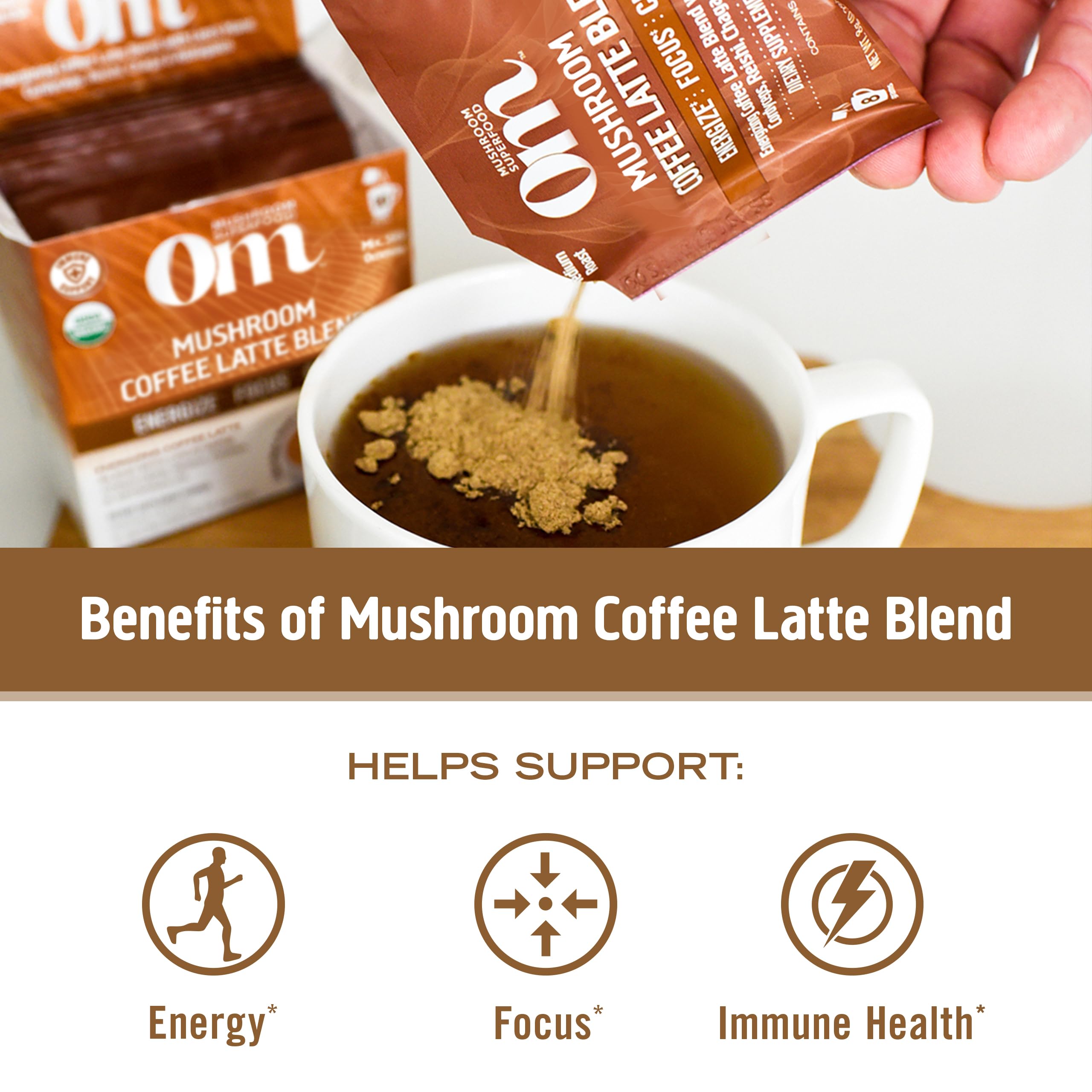 OM MUSHROOM SUPERFOOD Coffee Latte Blend in a cup