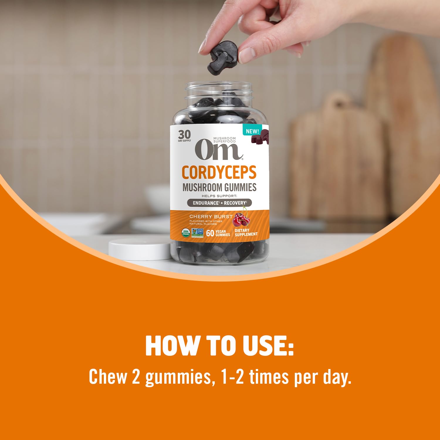 OM MUSHROOM SUPERFOOD Cordyceps Gummies displayed with fresh cherries