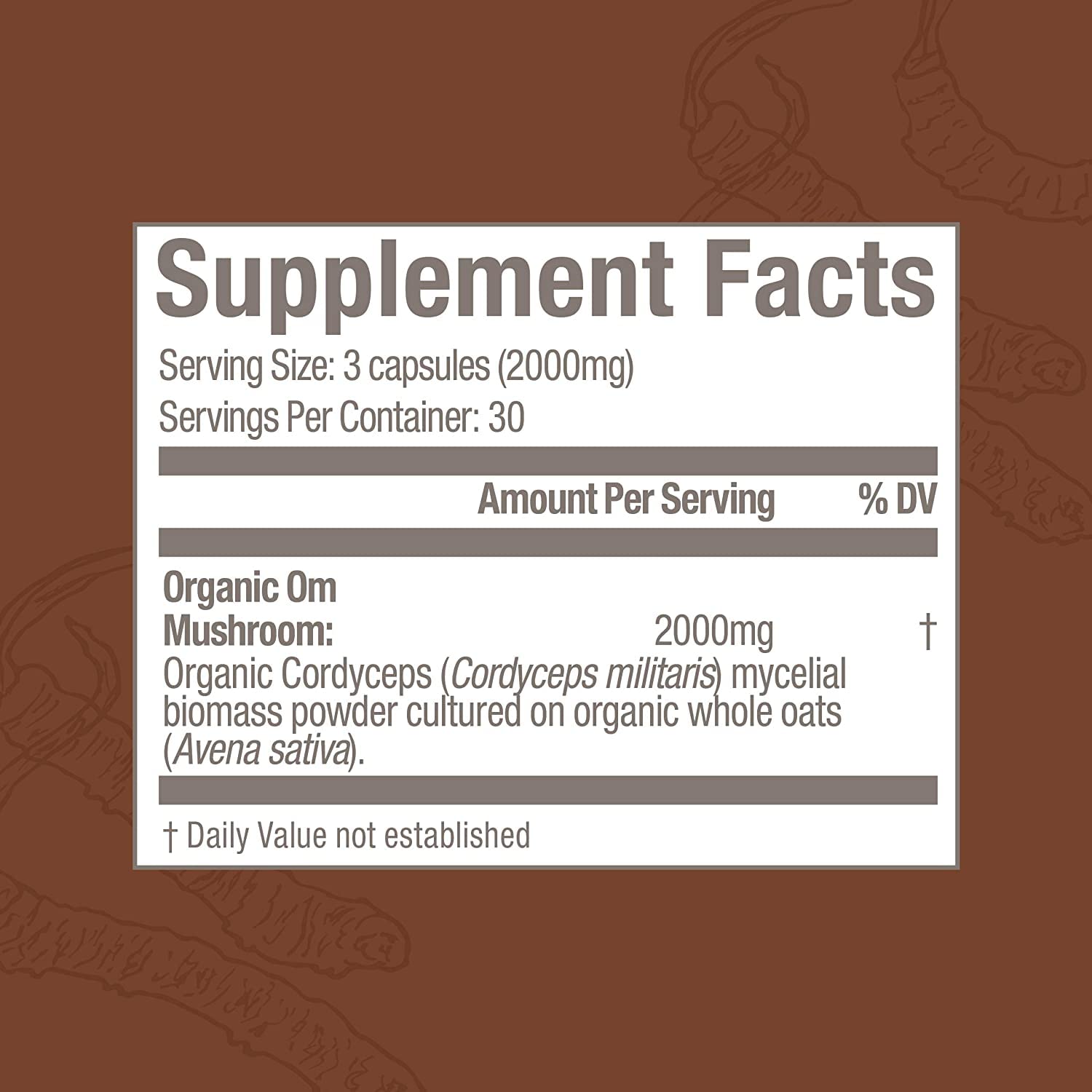 OM MUSHROOM SUPERFOOD Cordyceps Mushroom Capsules on a wooden table
