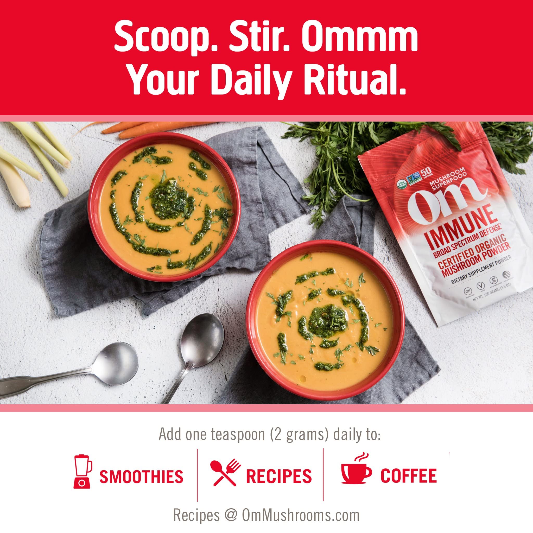 OM MUSHROOM SUPERFOOD daily wellness Superfood Powder 200g serving suggestion