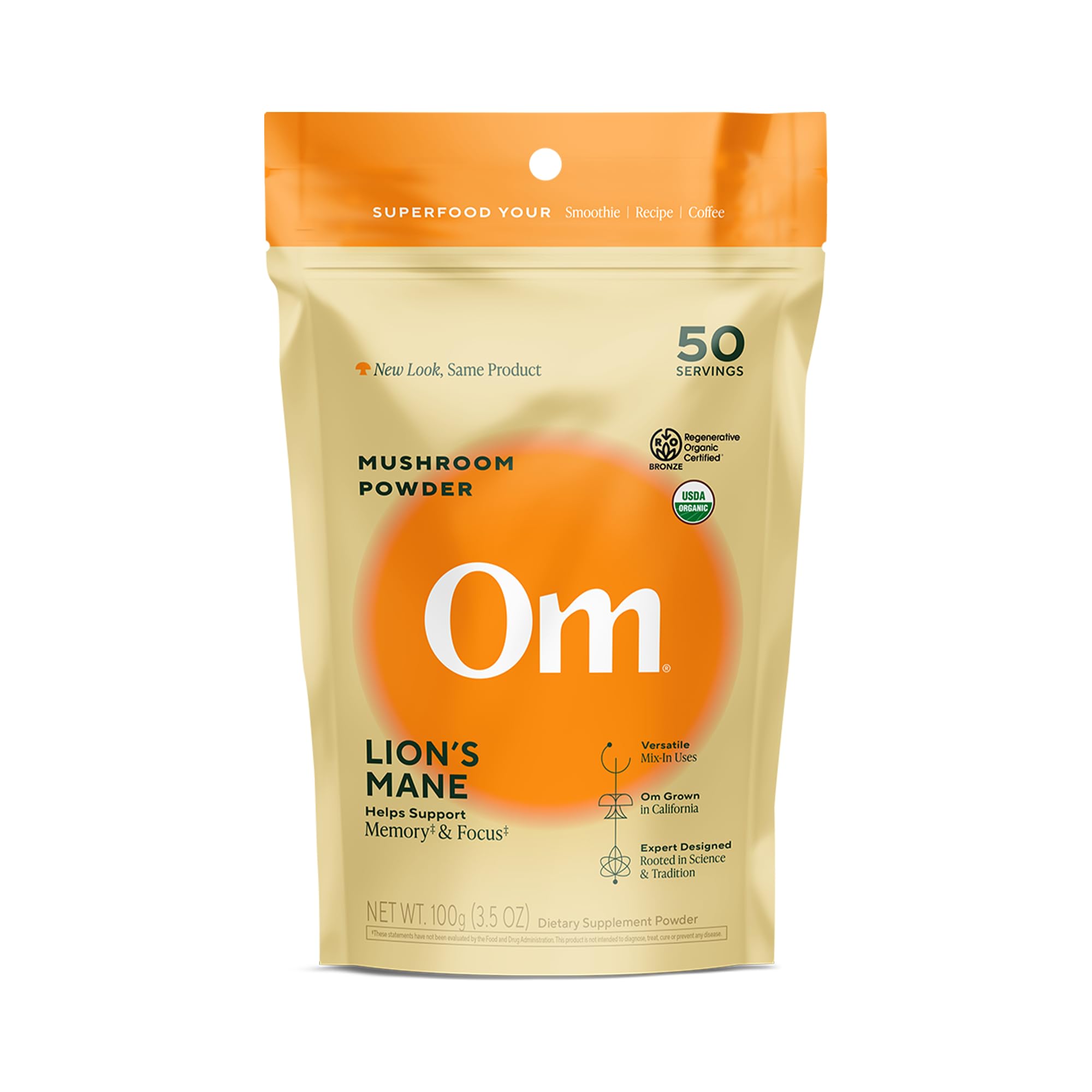 OM MUSHROOM SUPERFOOD Lion's Mane Mushroom Powder 100g front view