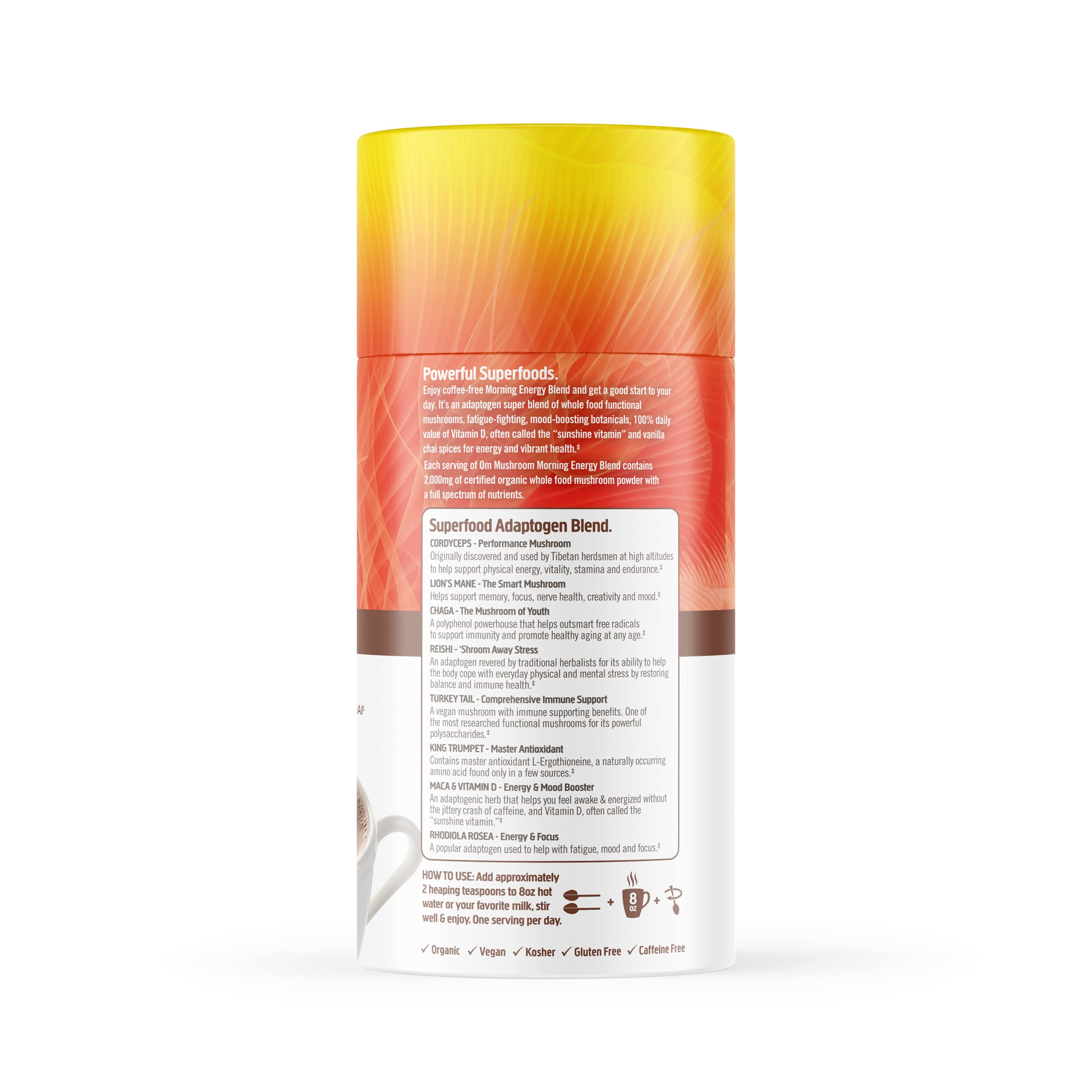 OM MUSHROOM SUPERFOOD Mushroom Blend 2000mg back view with ingredient list