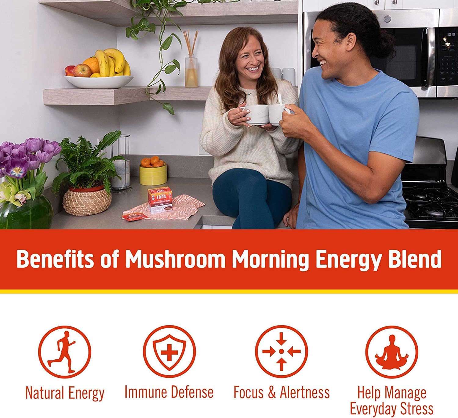 OM MUSHROOM SUPERFOOD Mushroom Blend 2000mg lifestyle scene with warm drink