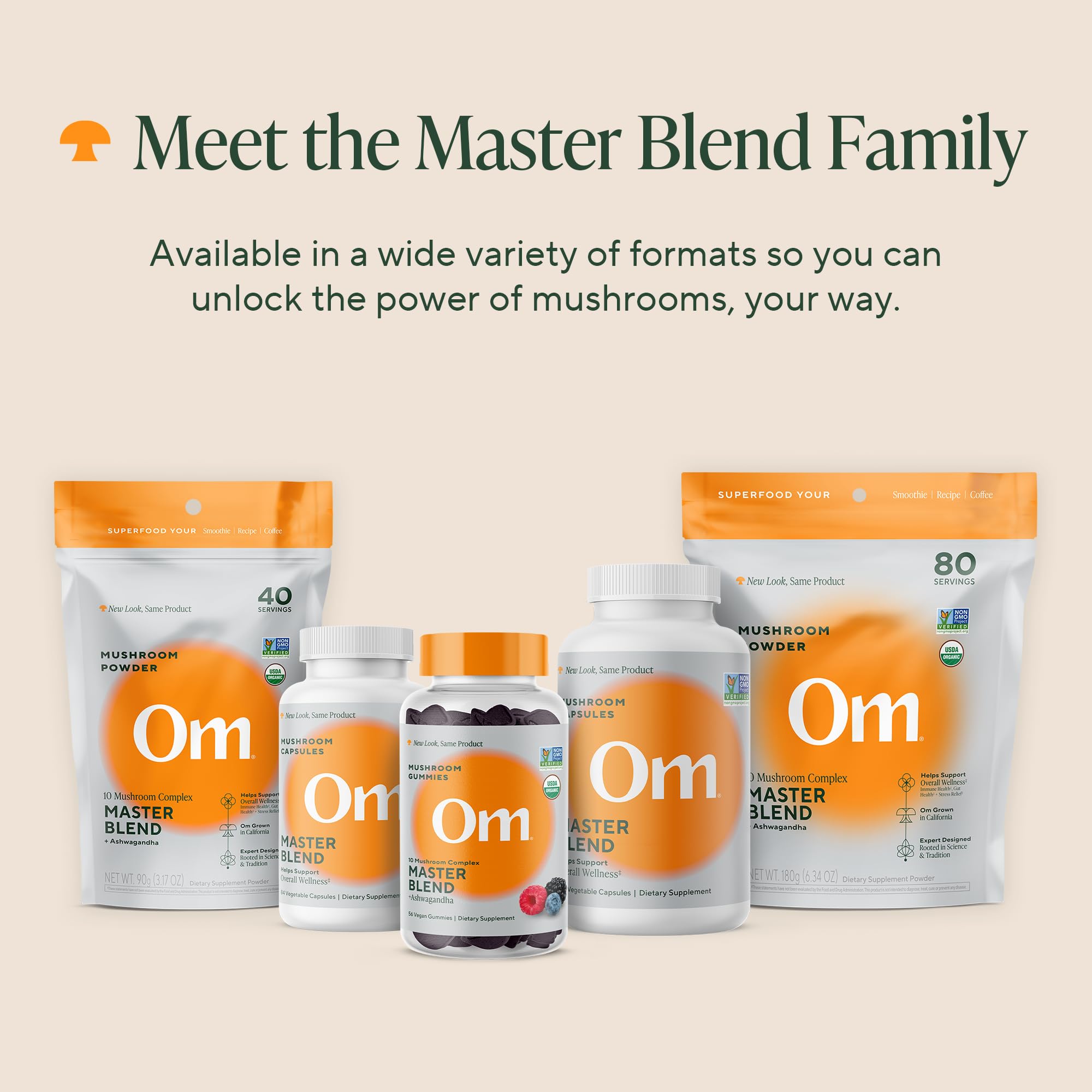 OM MUSHROOM SUPERFOOD Mushroom Supplement back view with nutritional information