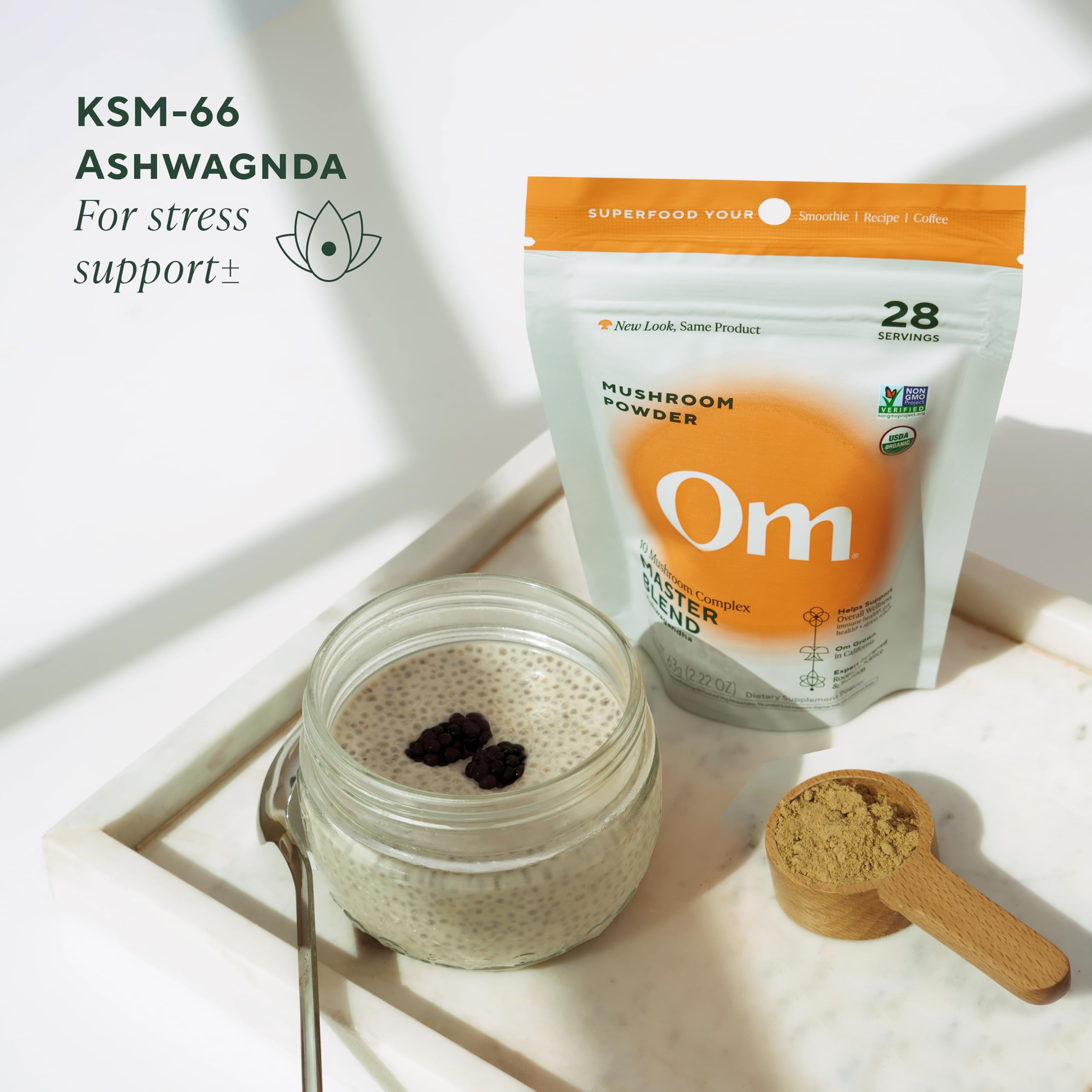 OM MUSHROOM SUPERFOOD Organic Mushroom Powder in a coffee
