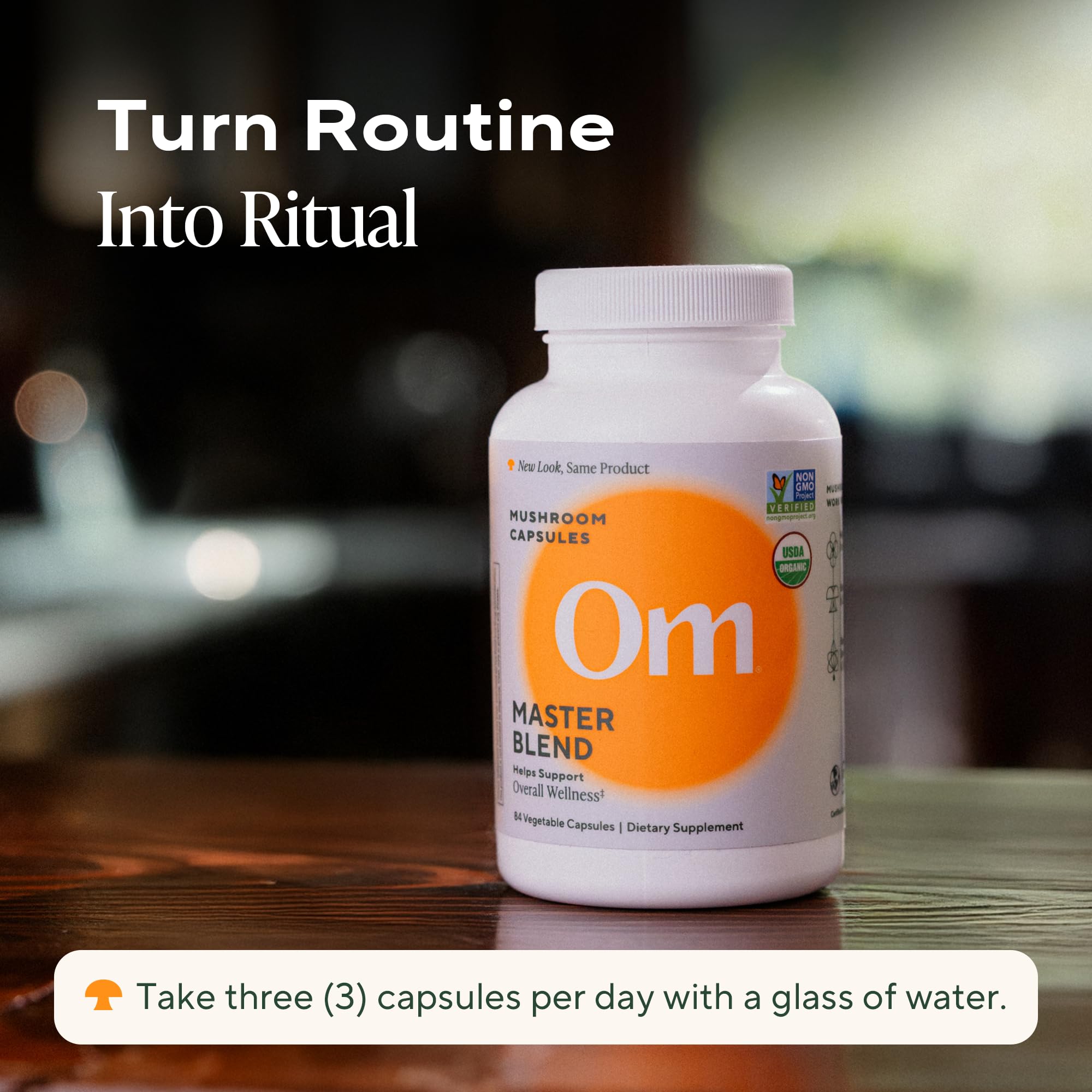 OM MUSHROOM SUPERFOOD Organic Mushroom Supplement on a wooden table