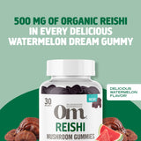 OM MUSHROOM SUPERFOOD Reishi Gummies displayed with fresh watermelon