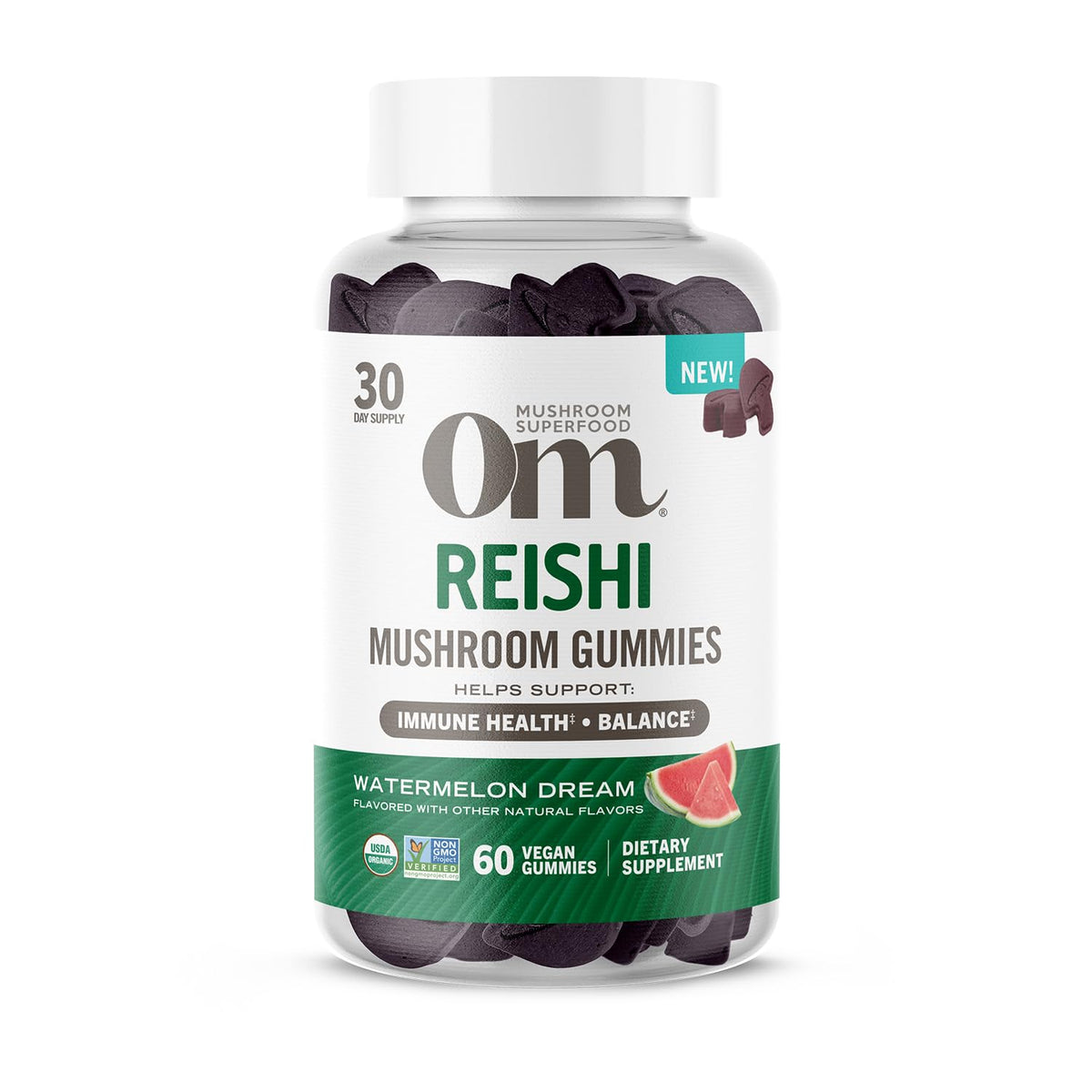 OM MUSHROOM SUPERFOOD Reishi Gummies front view with watermelon flavour