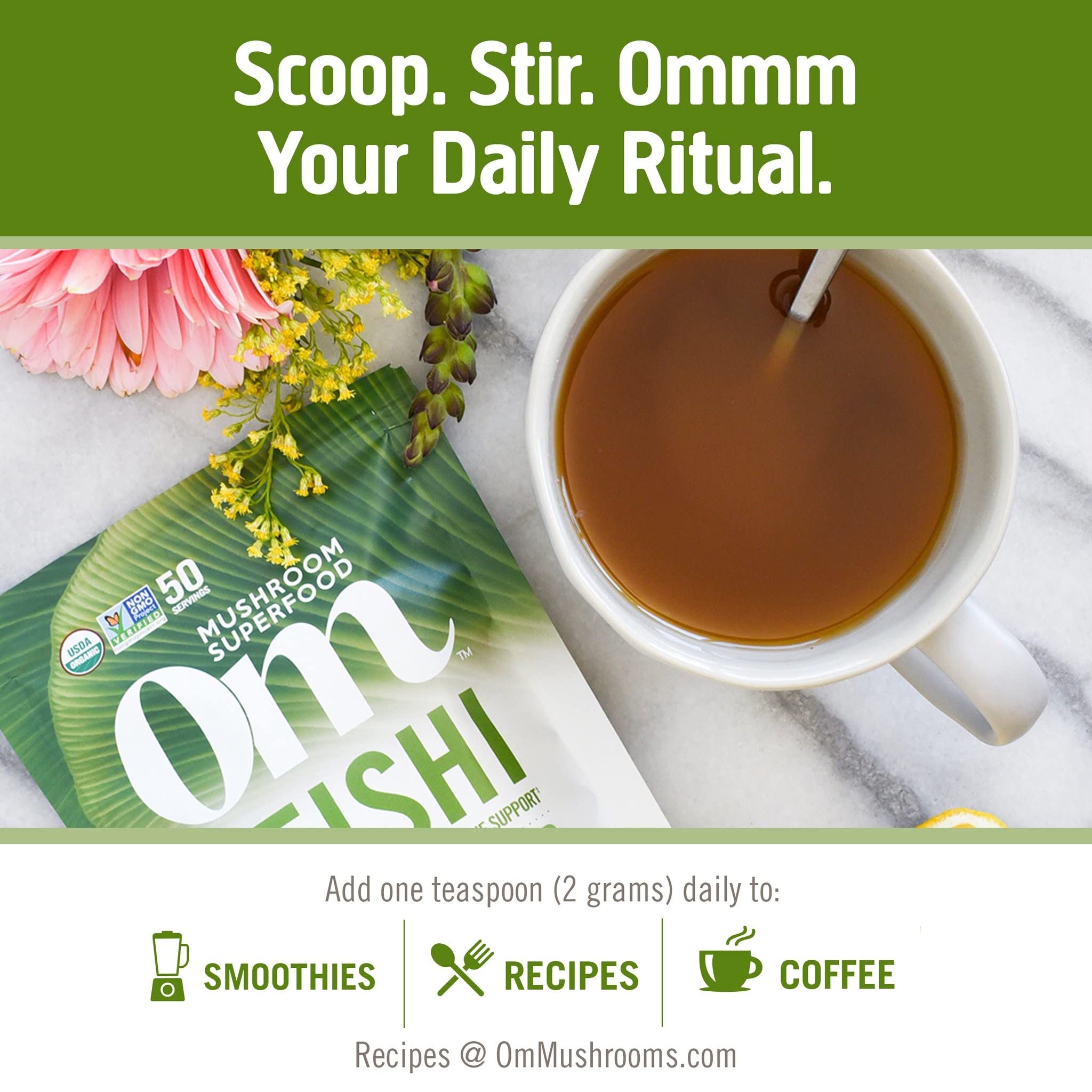 OM MUSHROOM SUPERFOOD Reishi Mushroom Powder in a coffee