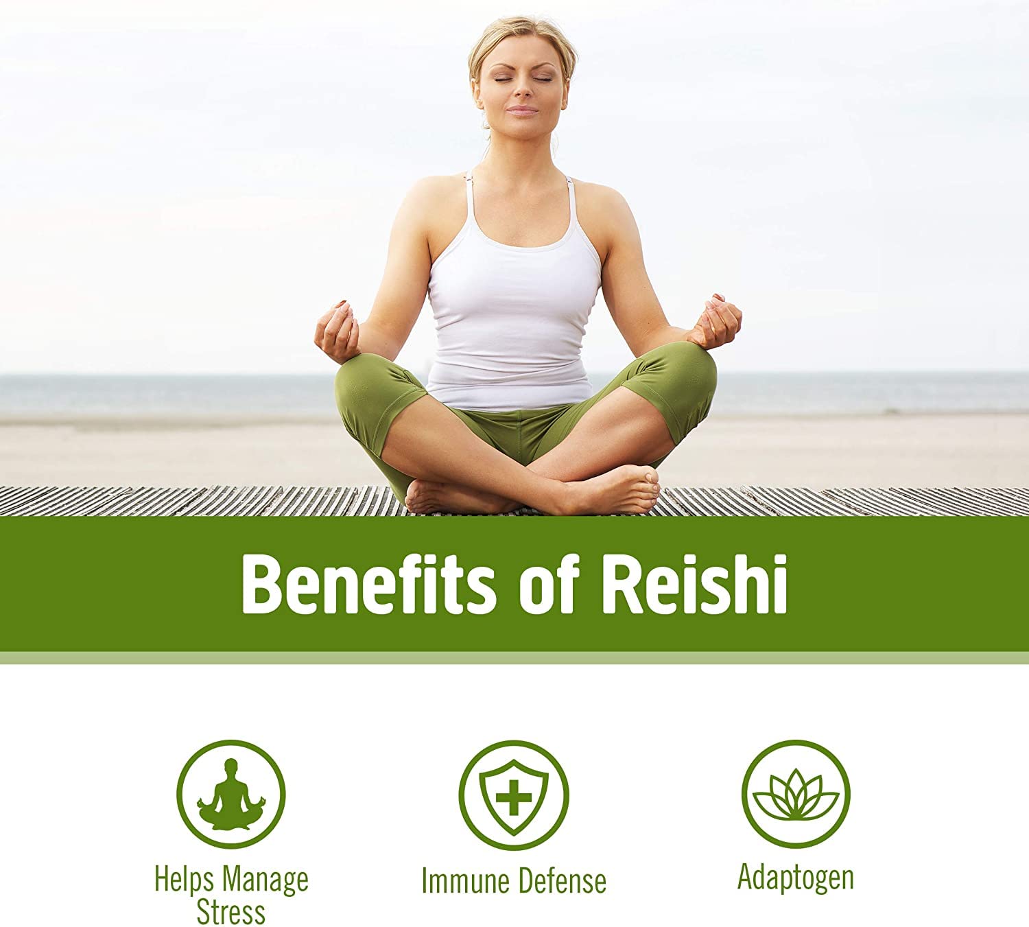 OM MUSHROOM SUPERFOOD Reishi Organic Mushroom Powder capsules on a wooden table