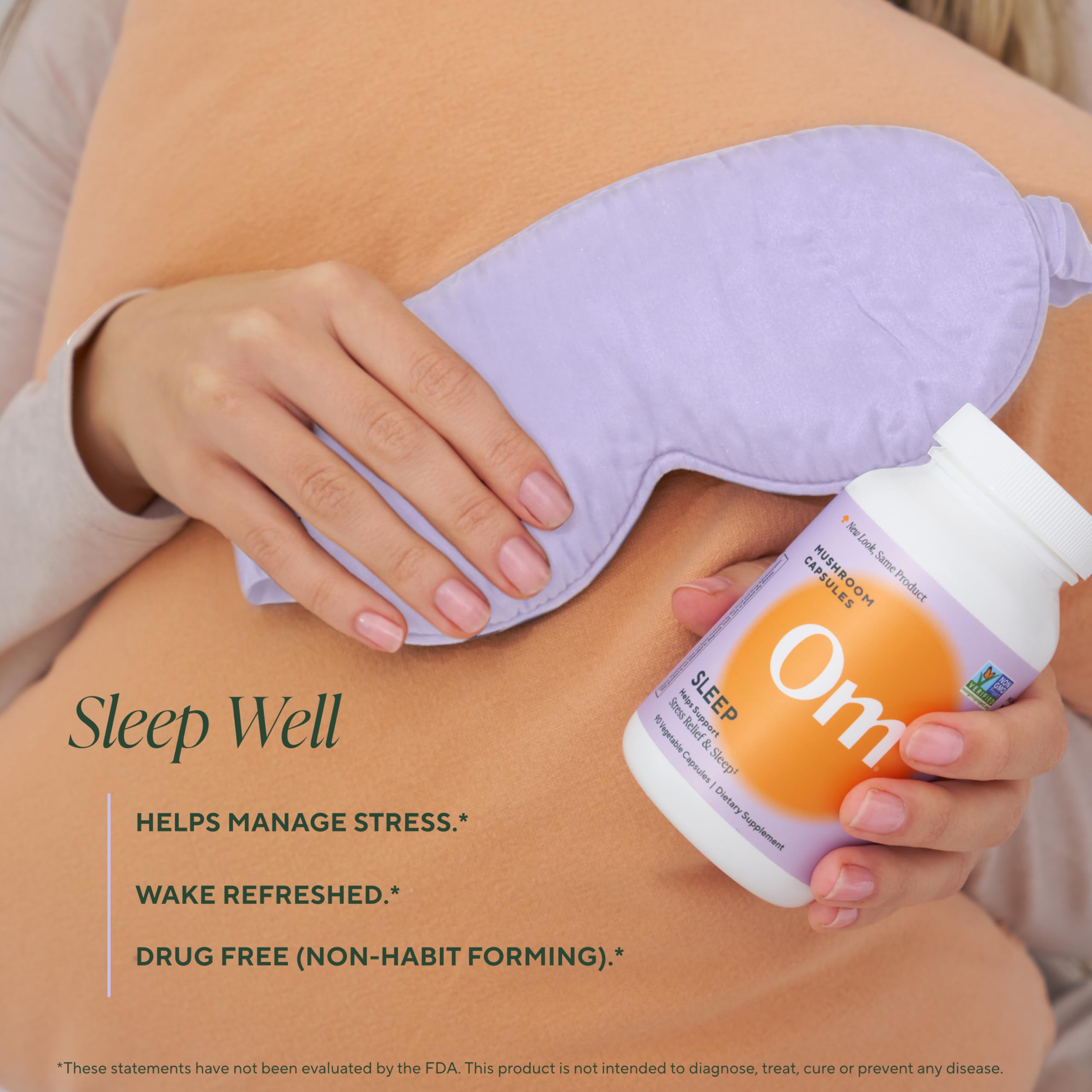 OM MUSHROOM SUPERFOOD Sleep Capsules on a wooden table