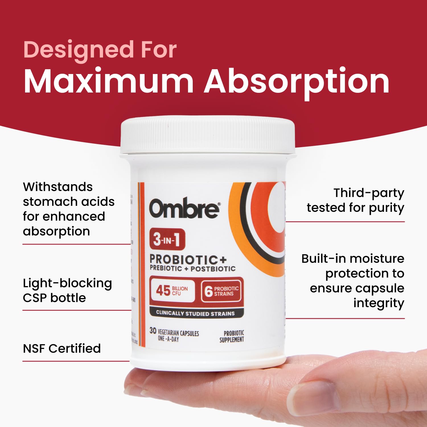 Ombre 3-in-1 Probiotic Supplement bottle with capsules