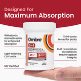 Ombre 3-in-1 Probiotic Supplement bottle with capsules