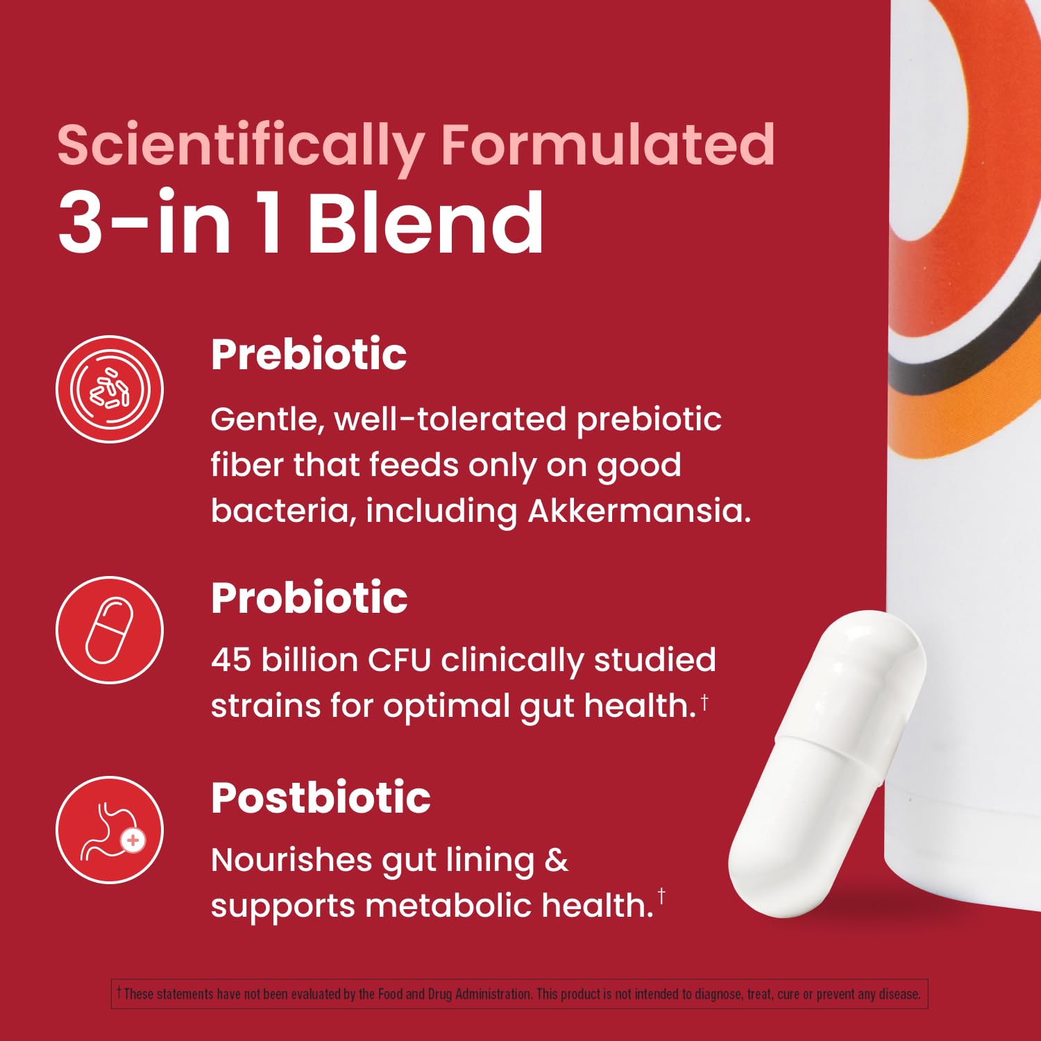 Ombre 3-in-1 Probiotic Supplement capsules close-up