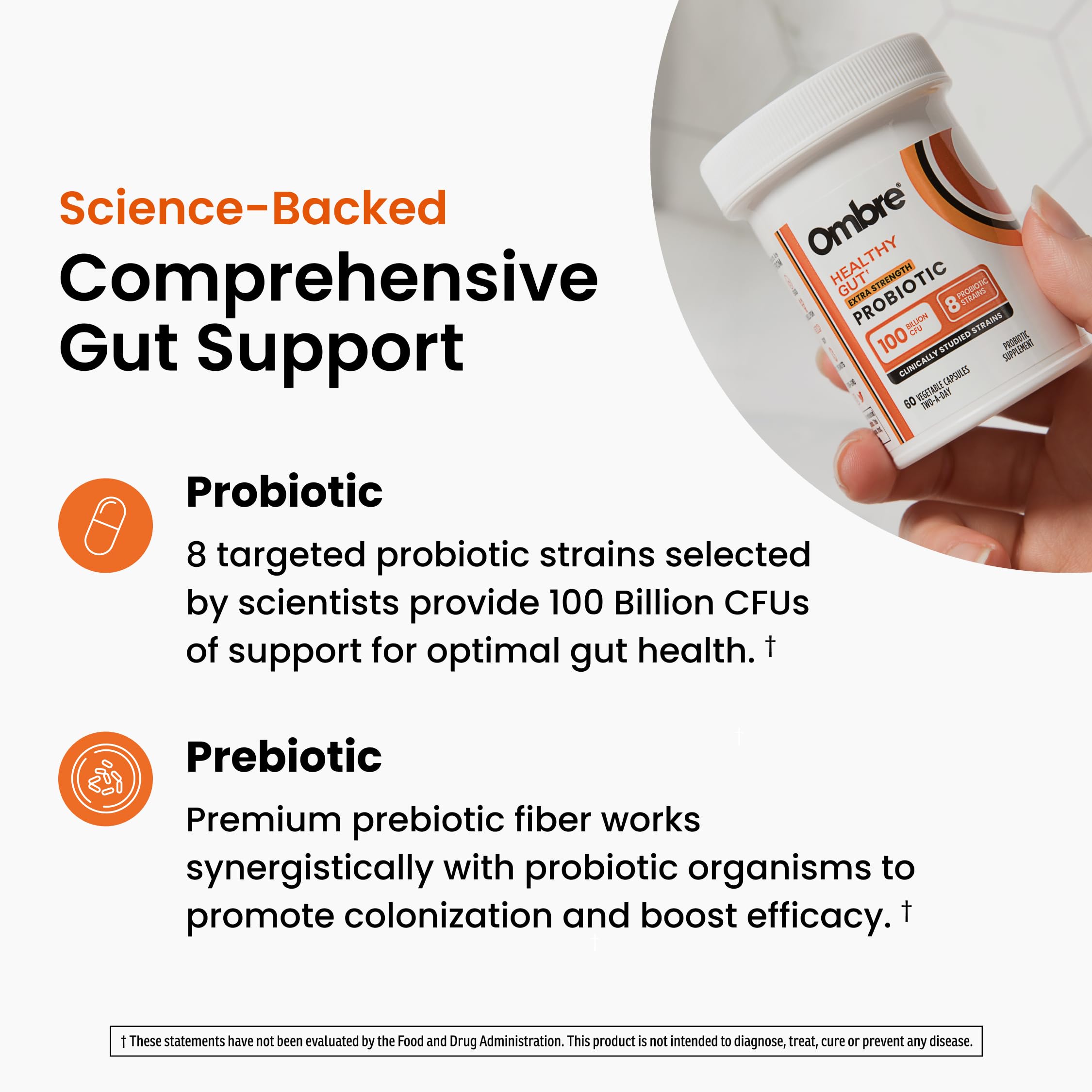 Ombre Healthy Gut Probiotic capsules on a wooden surface