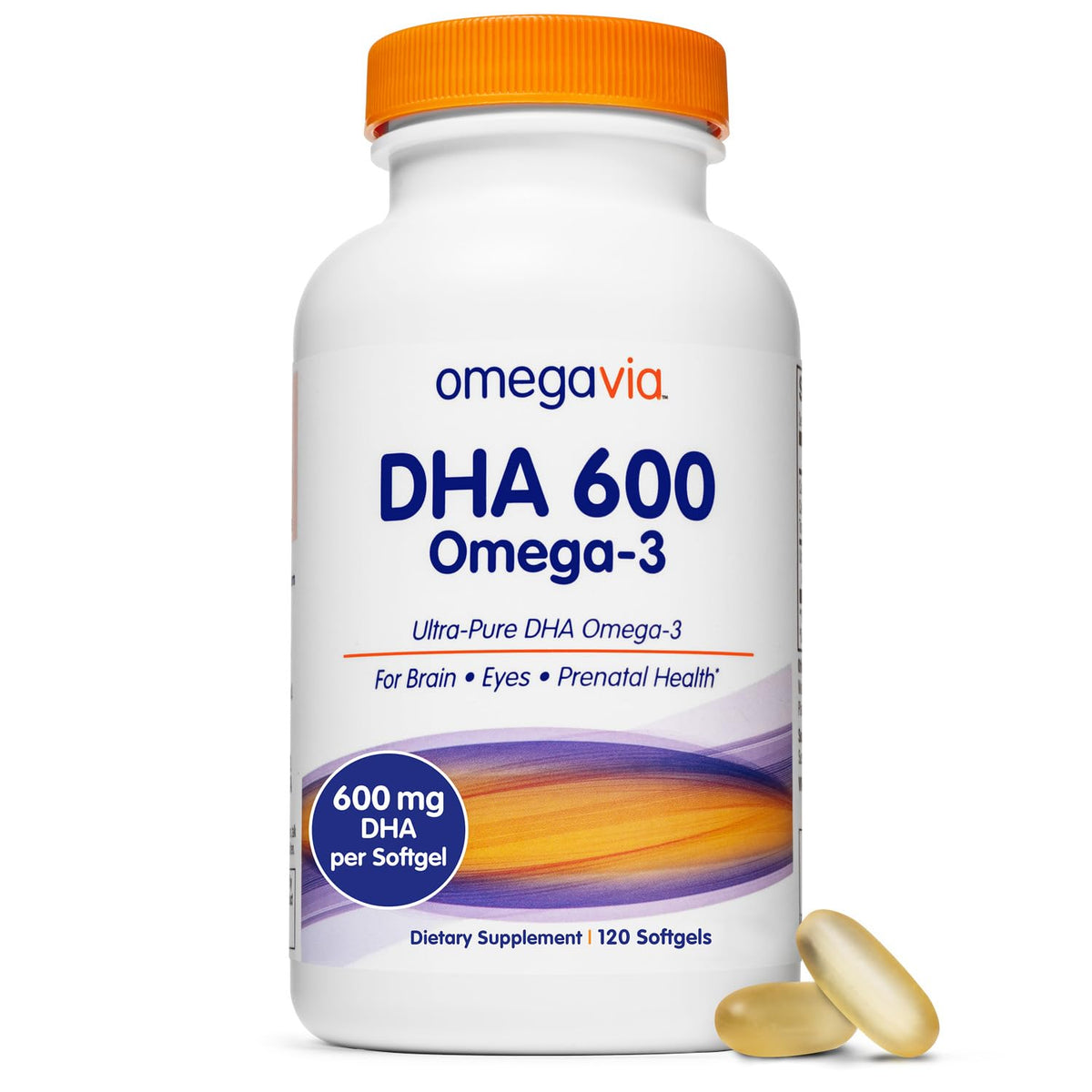 OmegaVia DHA 600 mg Omega 3 Fish Oil Capsules front view