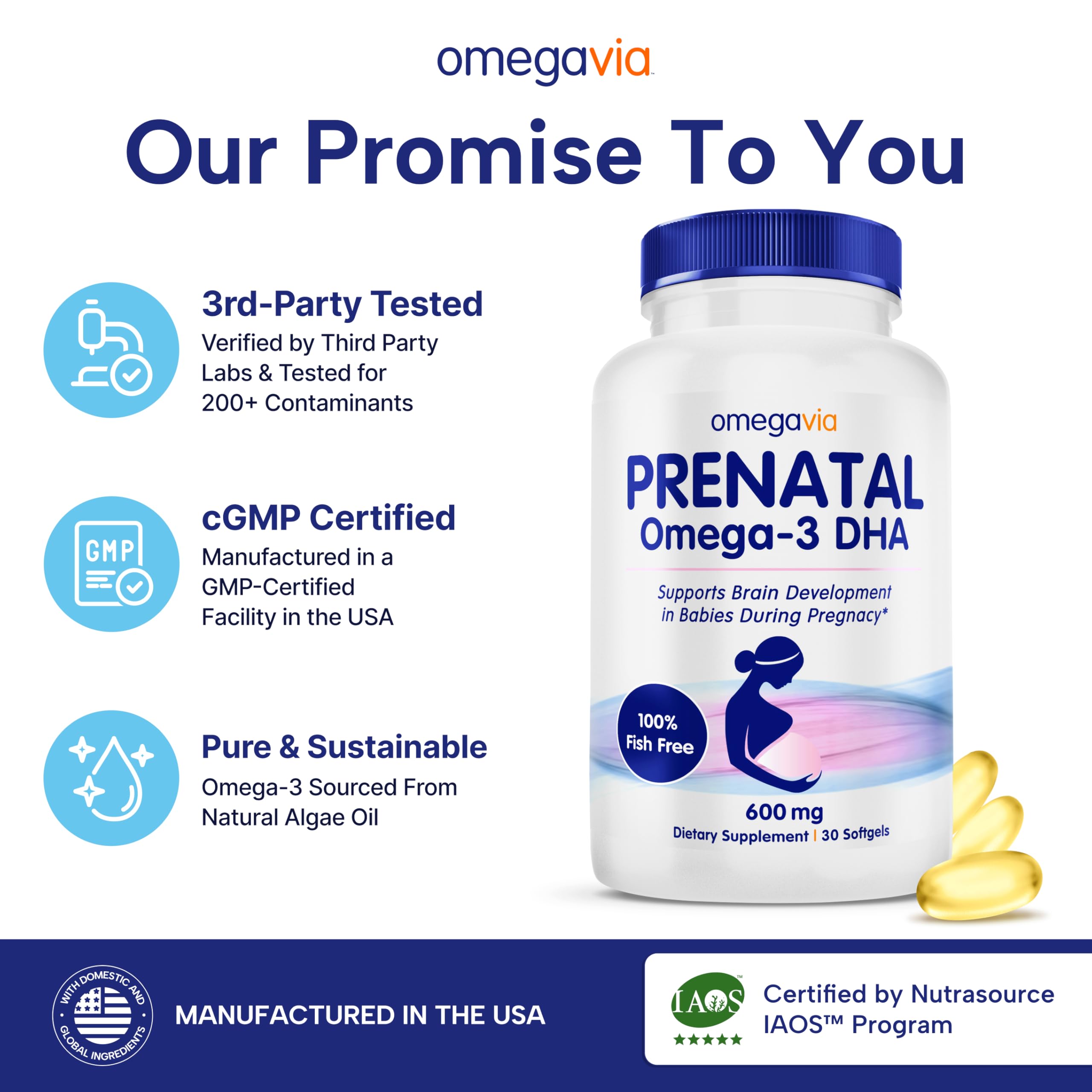 OmegaVia Prenatal DHA softgel close-up showing size