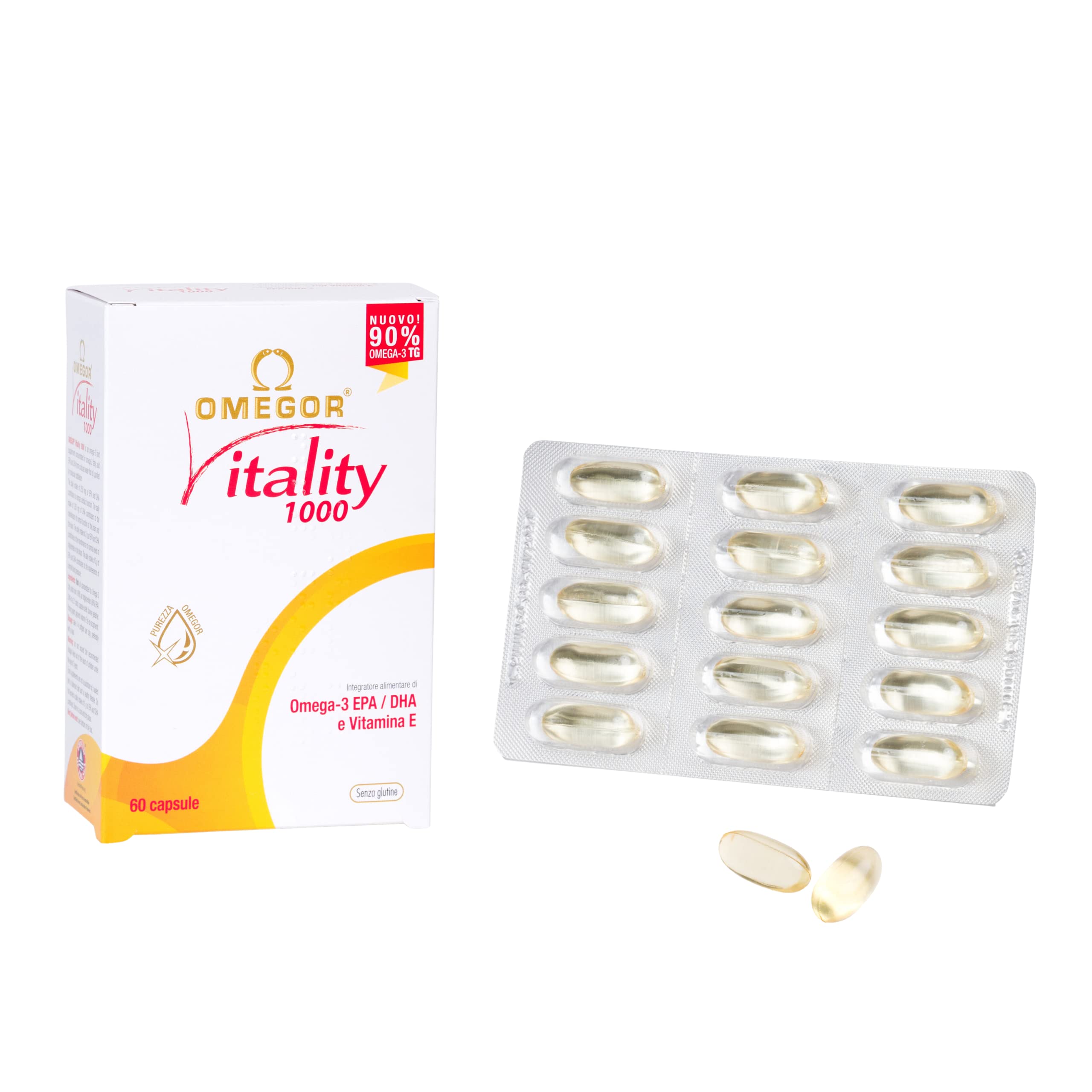 OMEGOR Vitality 1000 Omega-3 fish oil capsule close-up