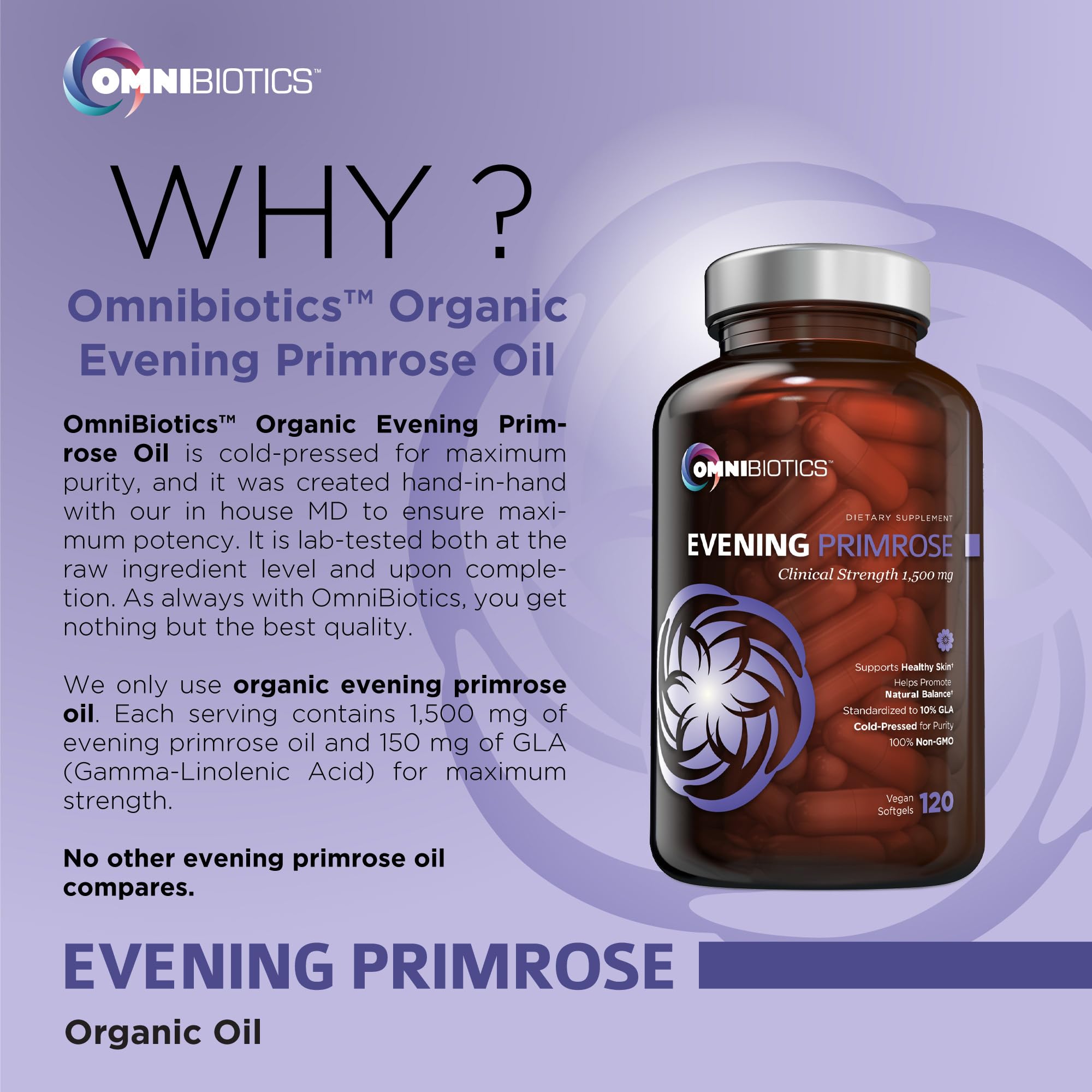 OmniBiotics Evening Primrose Oil 1500mg capsules on a table