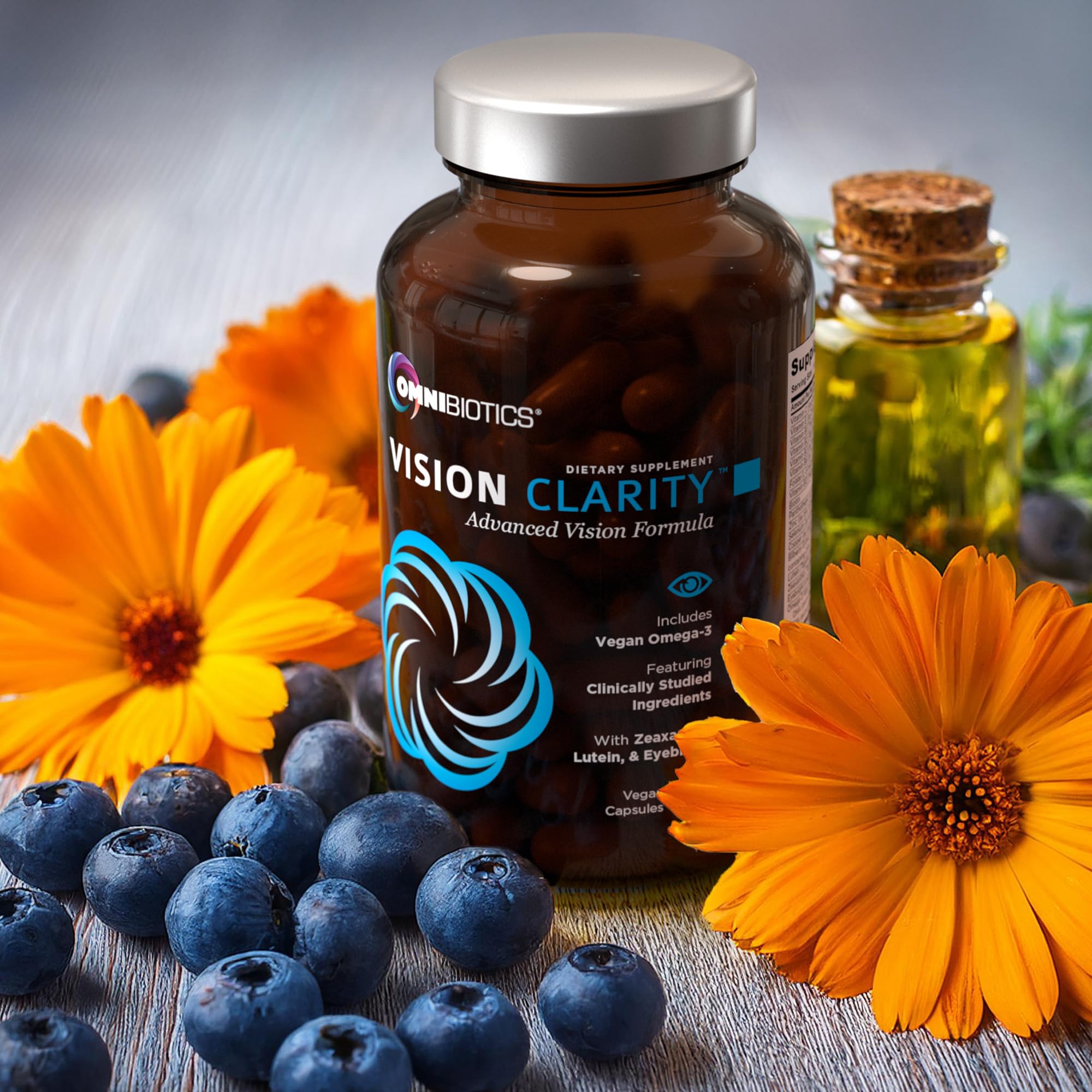 OmniBiotics Eye Support Capsules on a wooden table