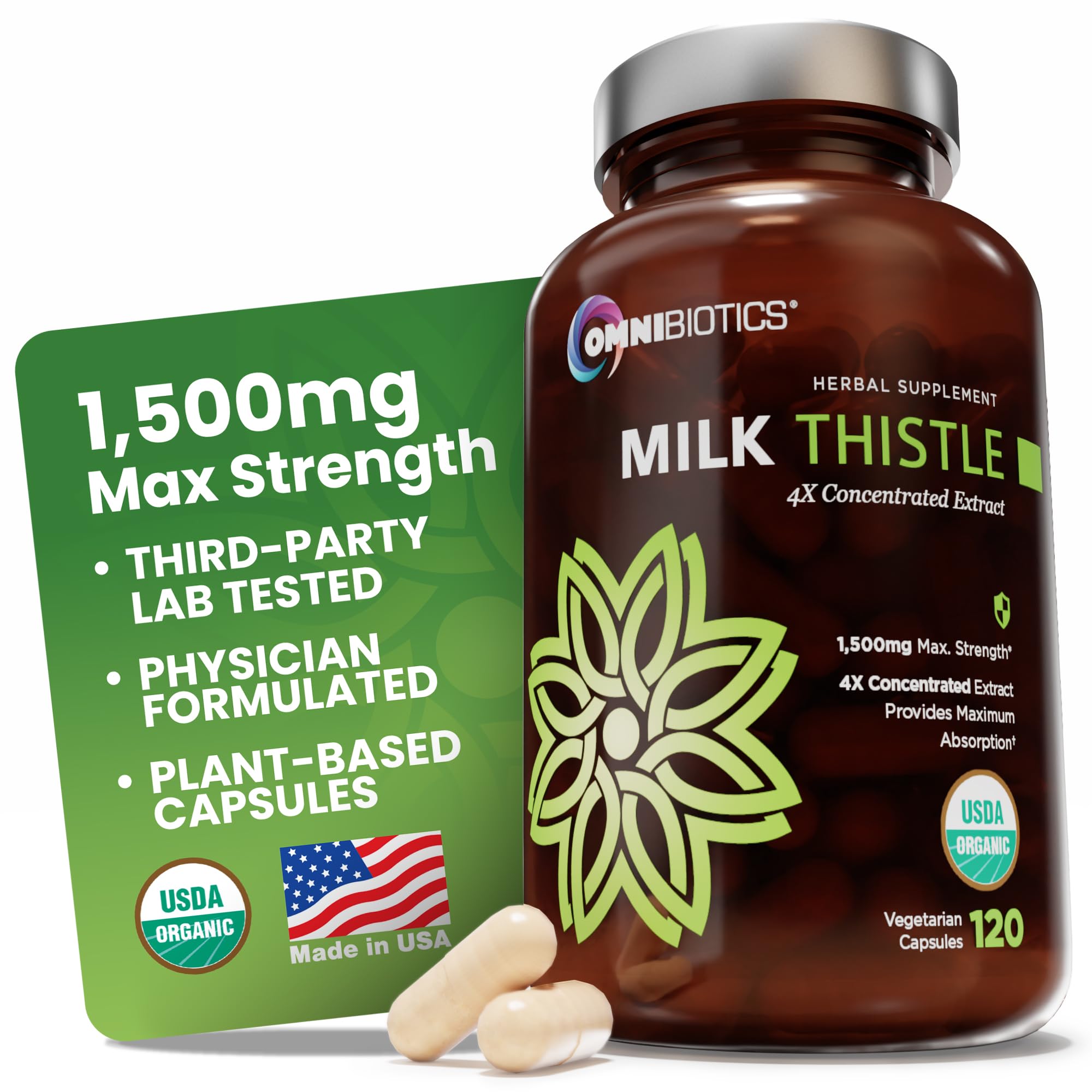 OmniBiotics Milk Thistle 1500mg Organic Capsules front view