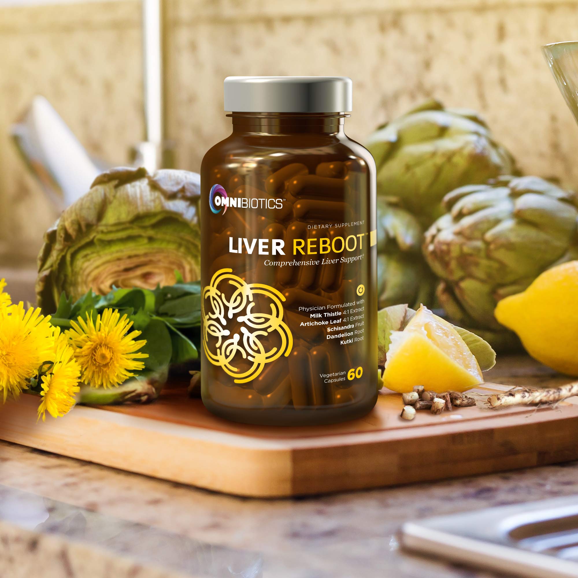 OmniBiotics Milk Thistle Supplement on a wooden table