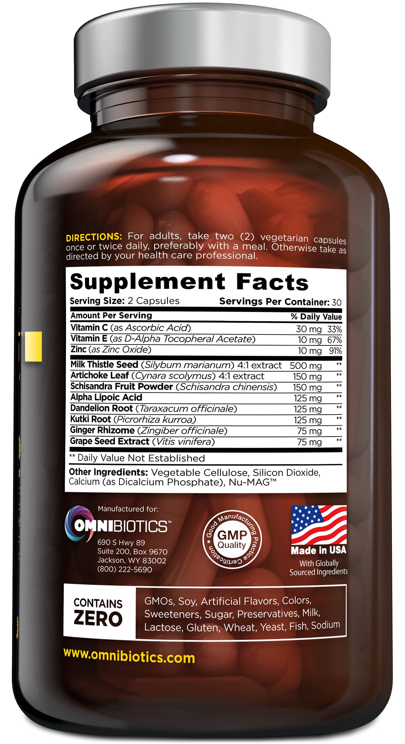 OmniBiotics Milk Thistle Supplement side view showing capsule details