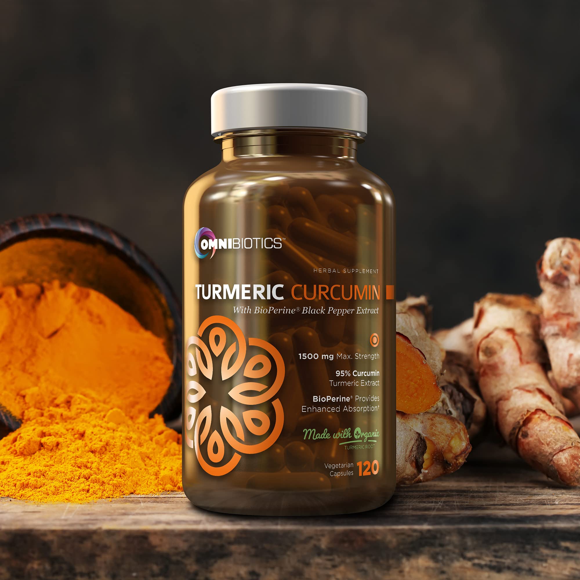OmniBiotics Turmeric Curcumin Supplement lifestyle shot with herbs