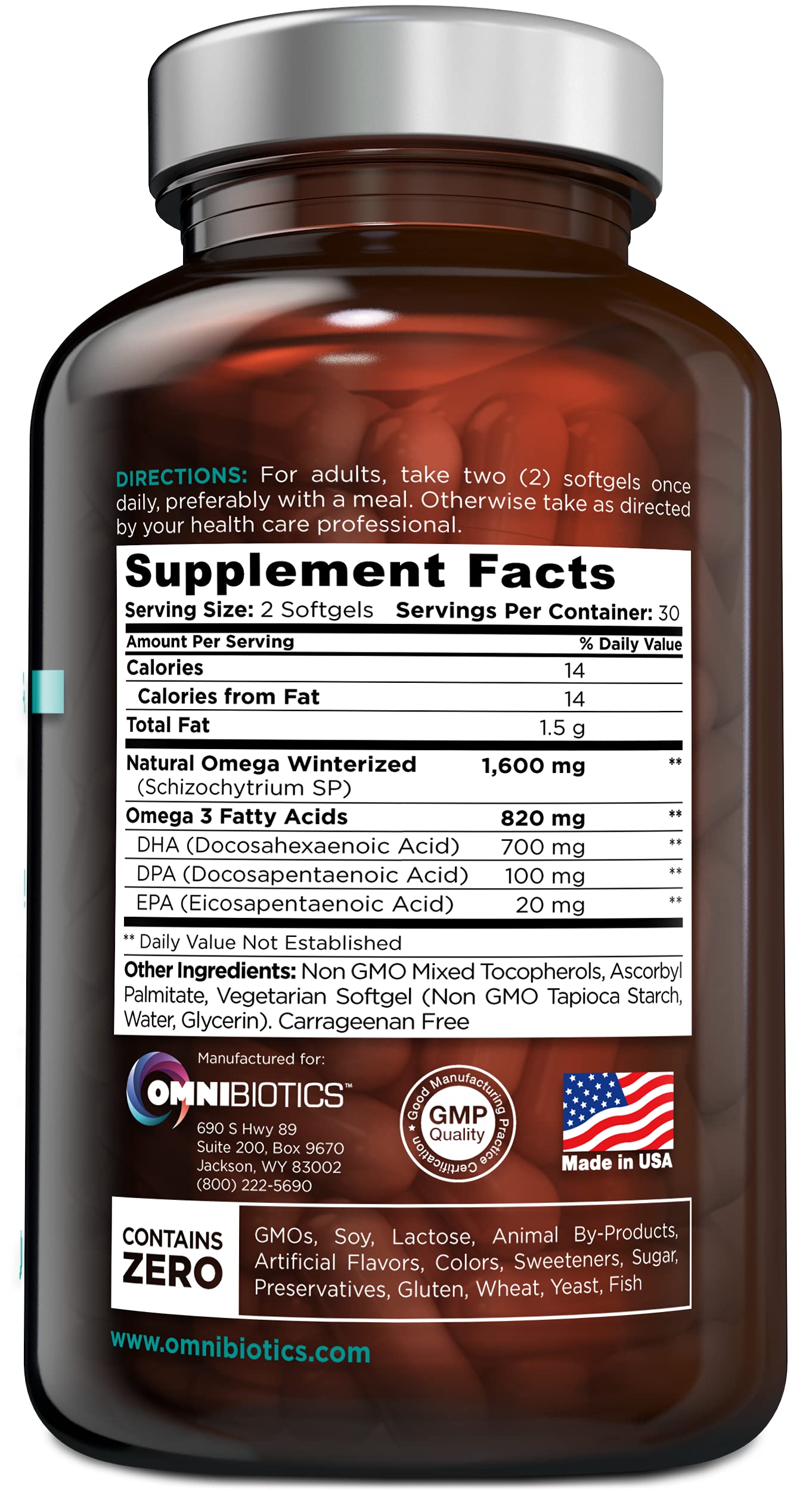 OmniBiotics Vegan Omega-3 DHA+EPA Supplement side view