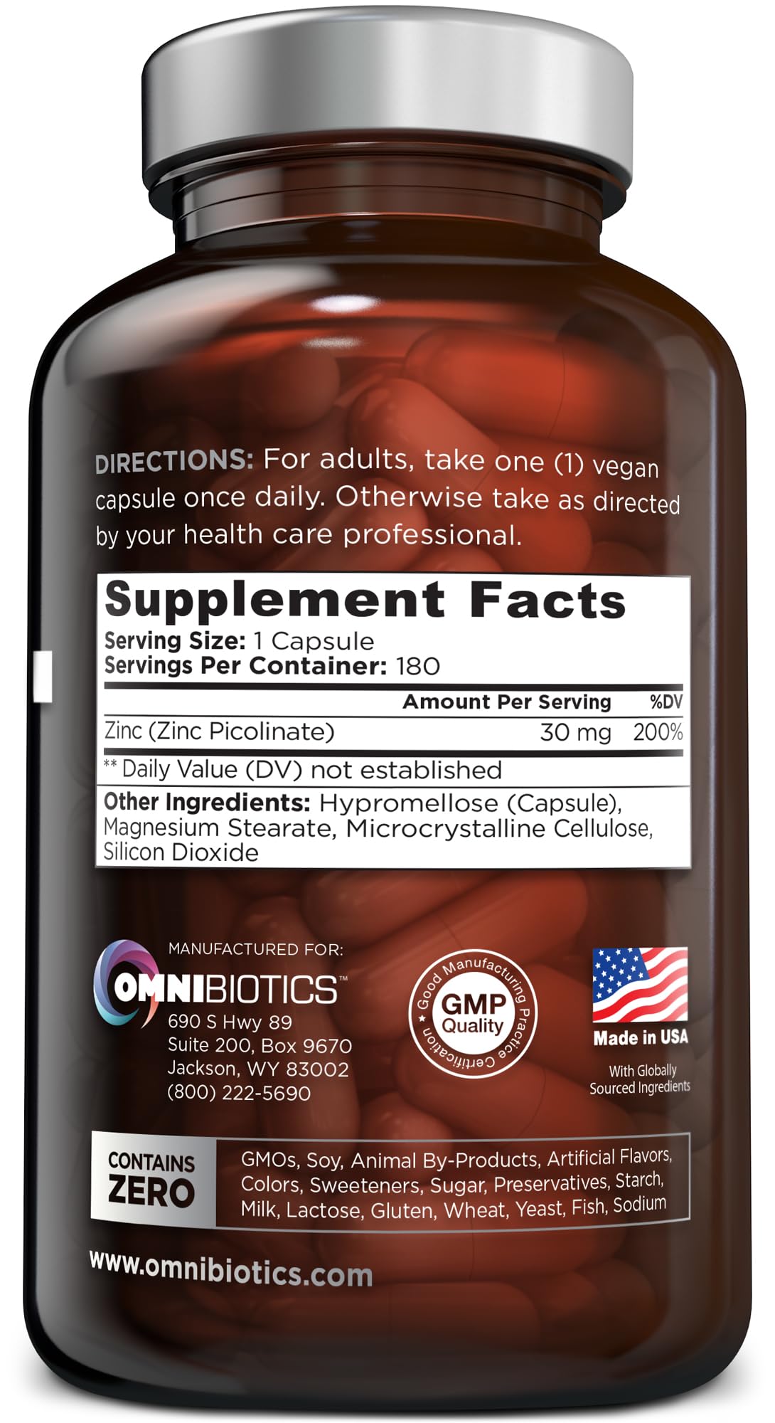 OmniBiotics Zinc Picolinate 30mg capsules side view