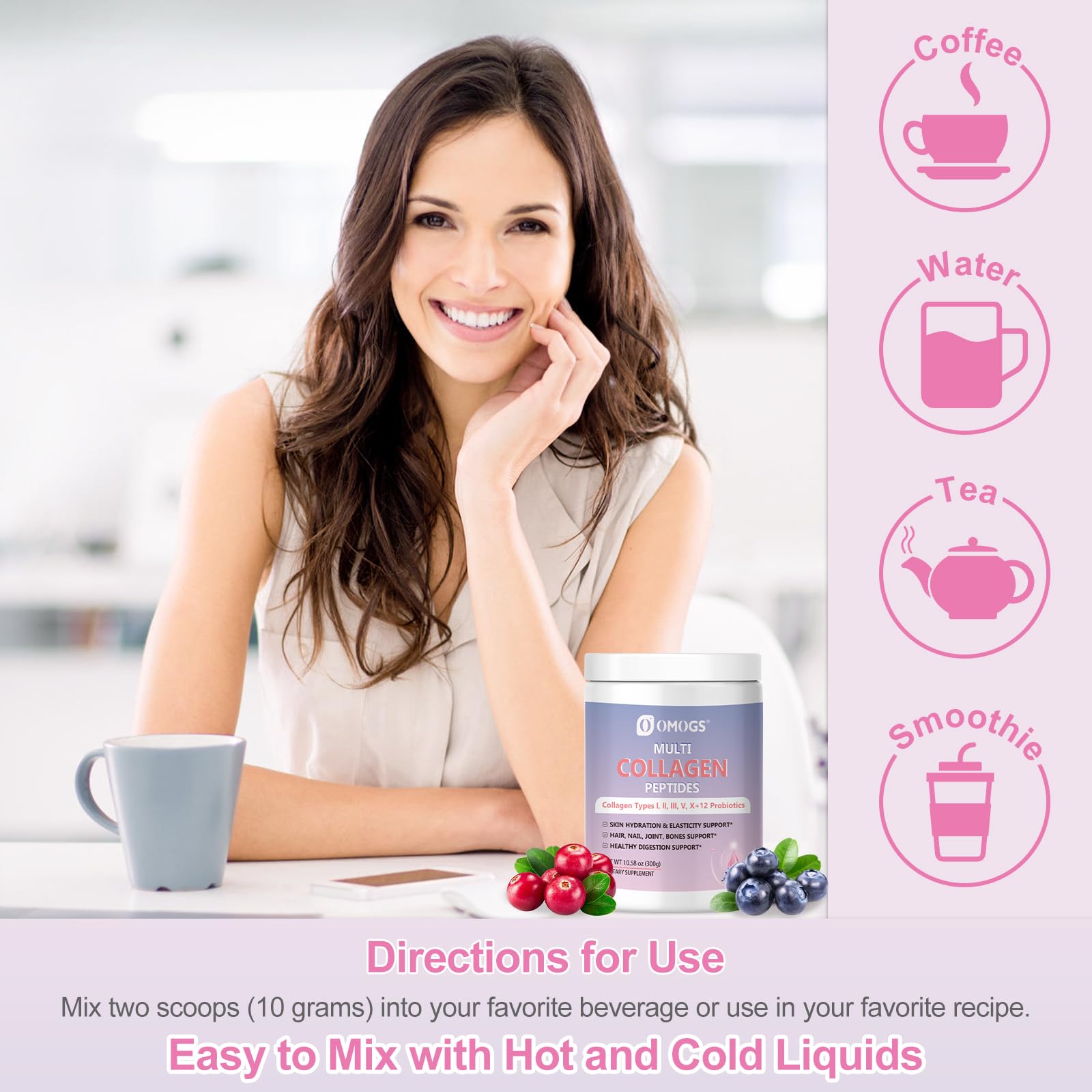 OMOGS Collagen Powder 91g scoop showing powder texture
