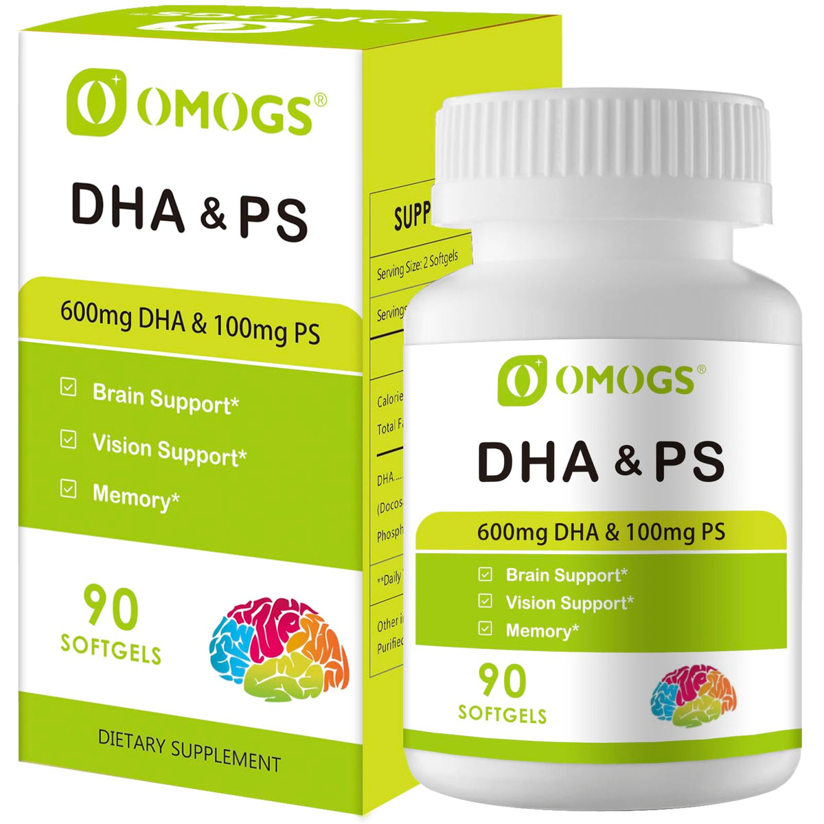 OMOGS DHA Omega-3 Softgels front view with packaging