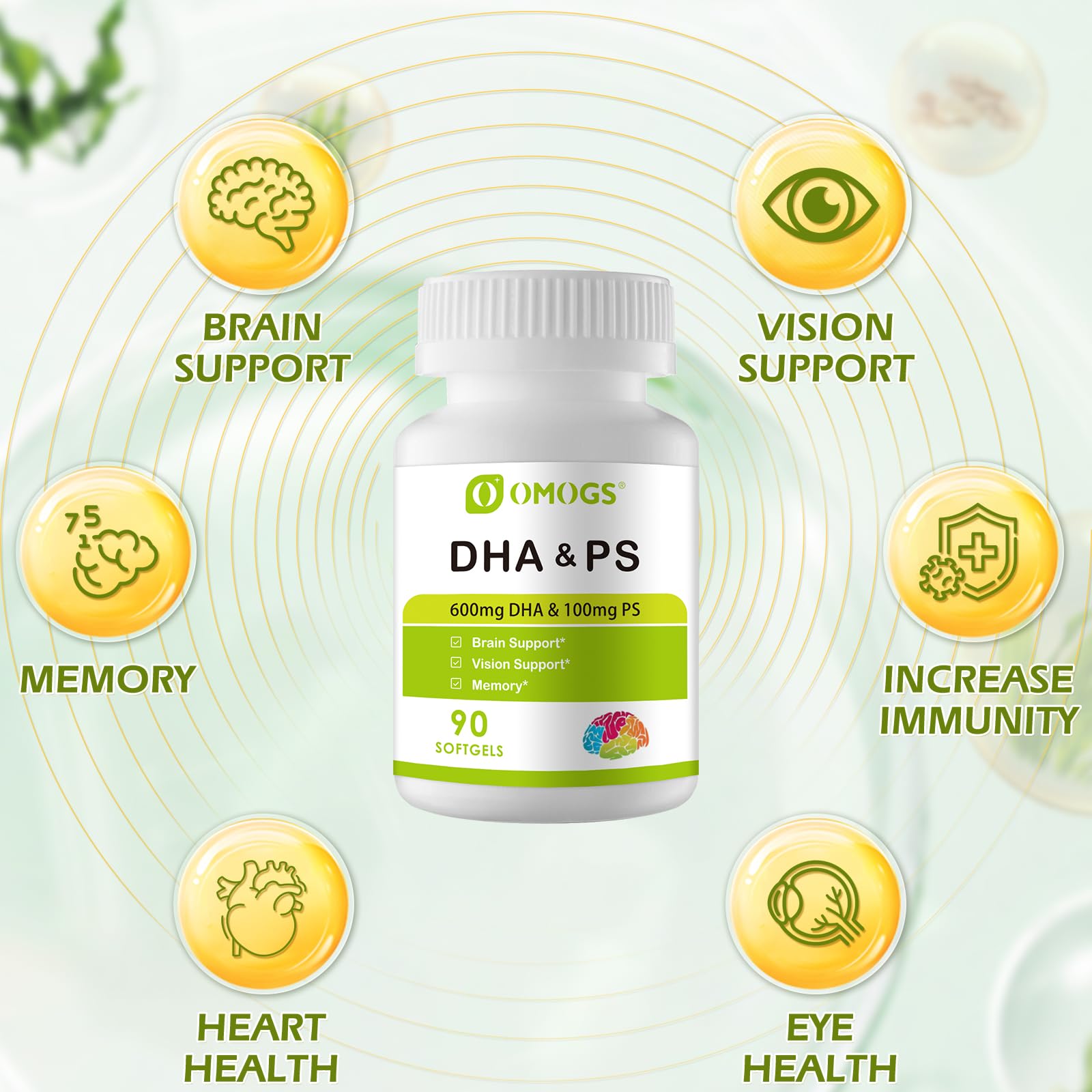 OMOGS DHA Omega-3 softgels on a wooden table