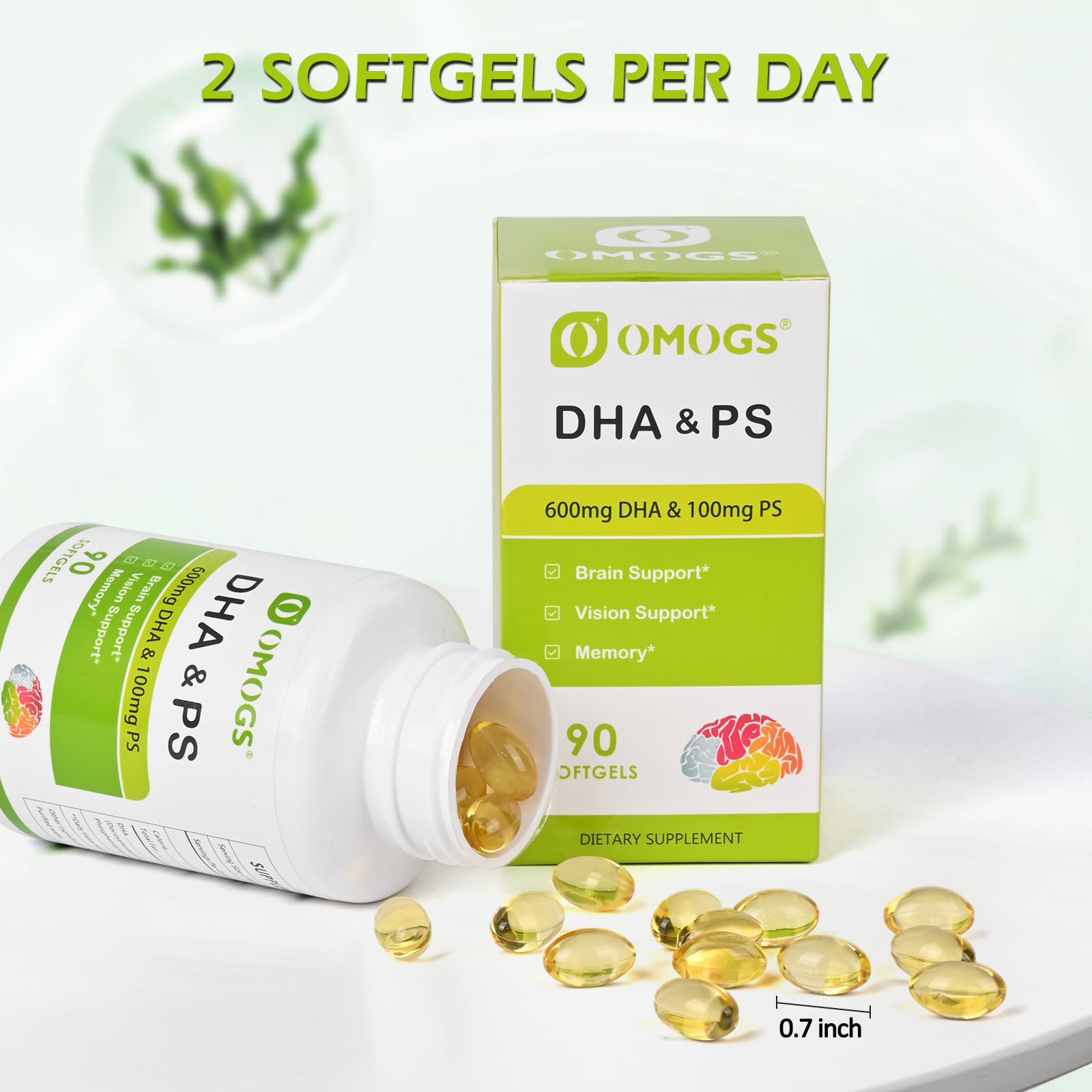 OMOGS DHA Omega-3 softgels with a measuring spoon
