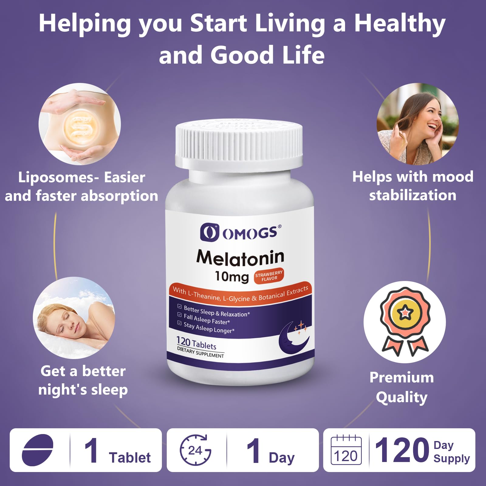 OMOGS Melatonin 10mg Tablets back view with ingredient list